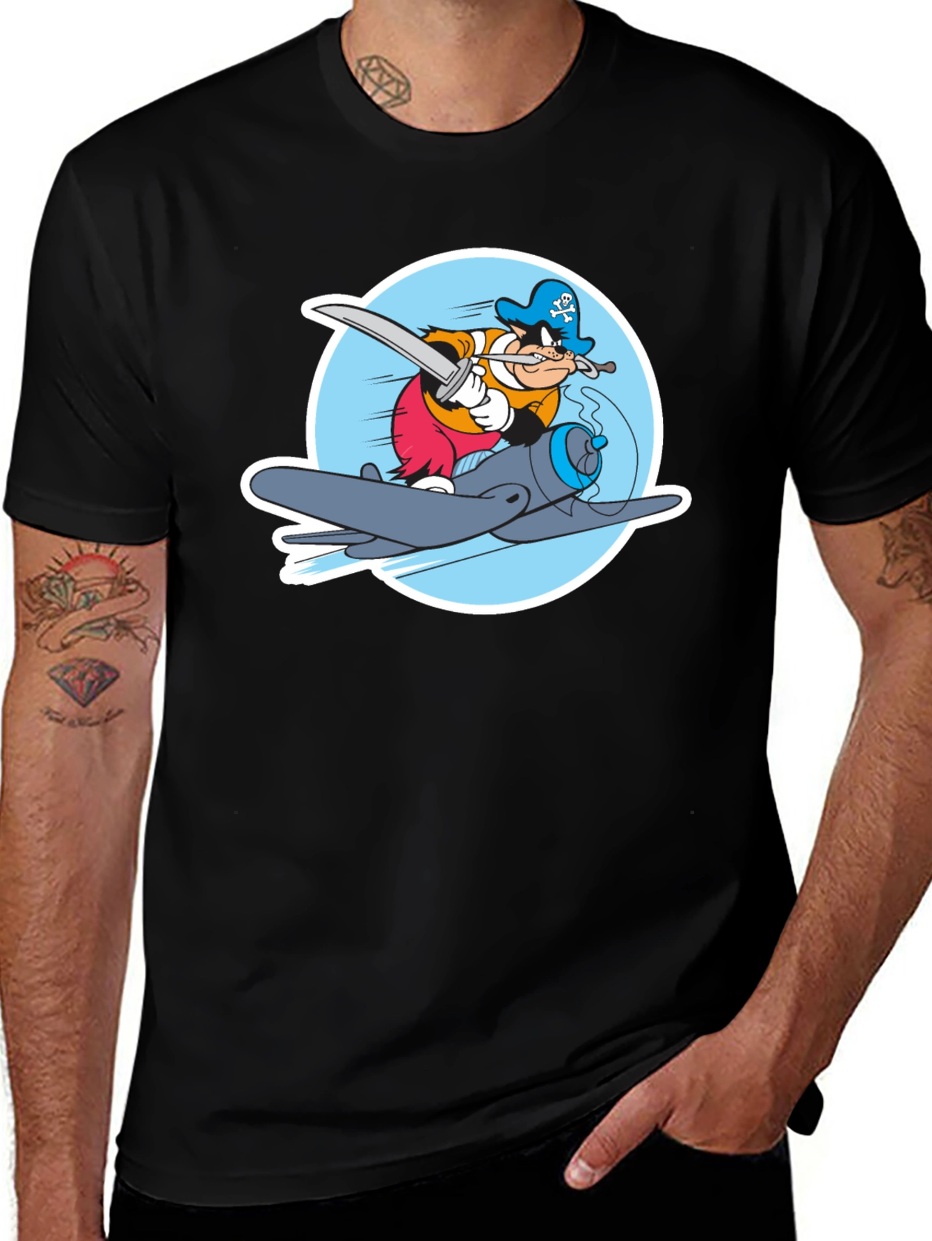 Cartoon Pirate Plane Black T-Shirt
