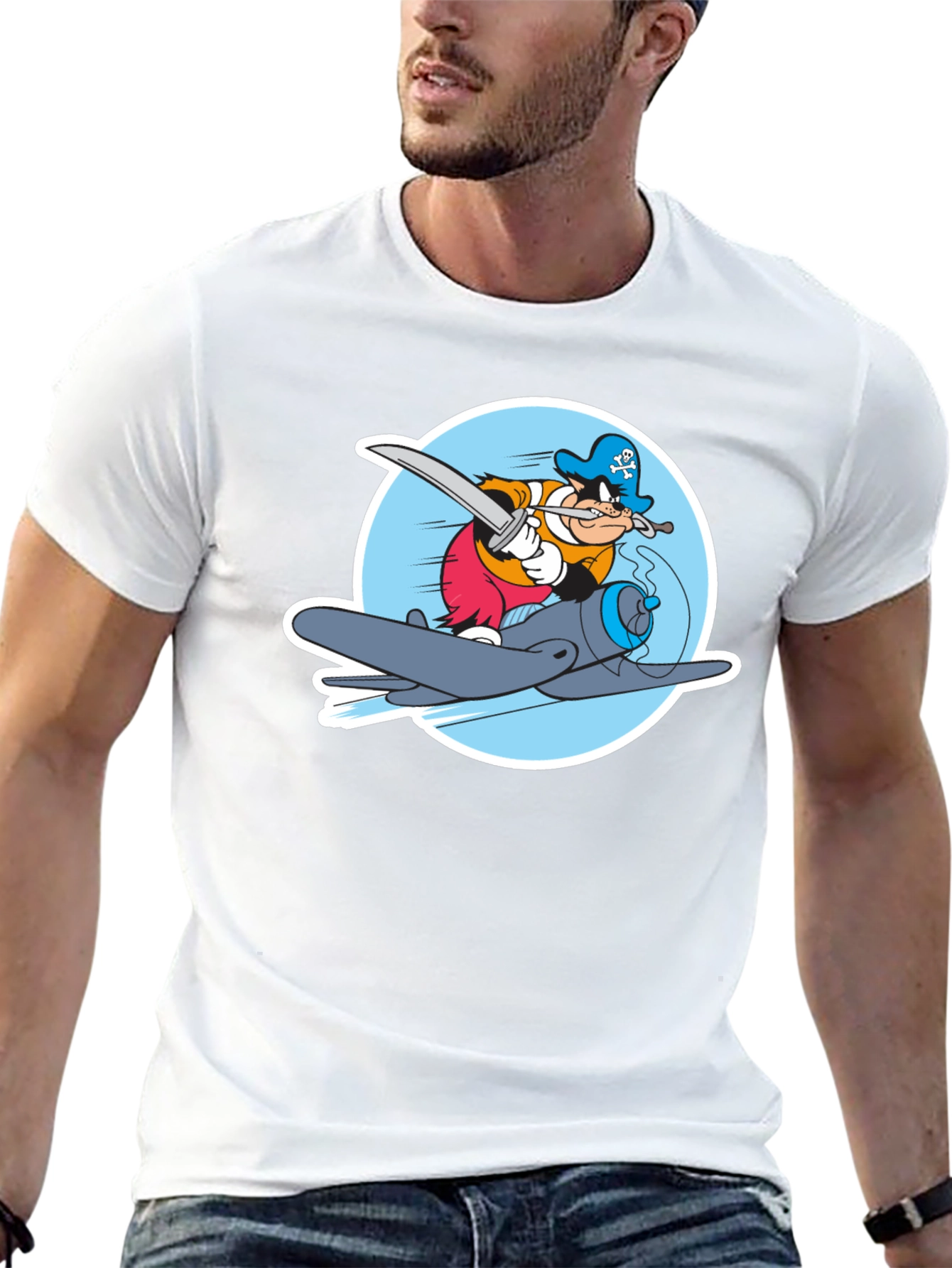 Cartoon Pirate Plane Black T-Shirt