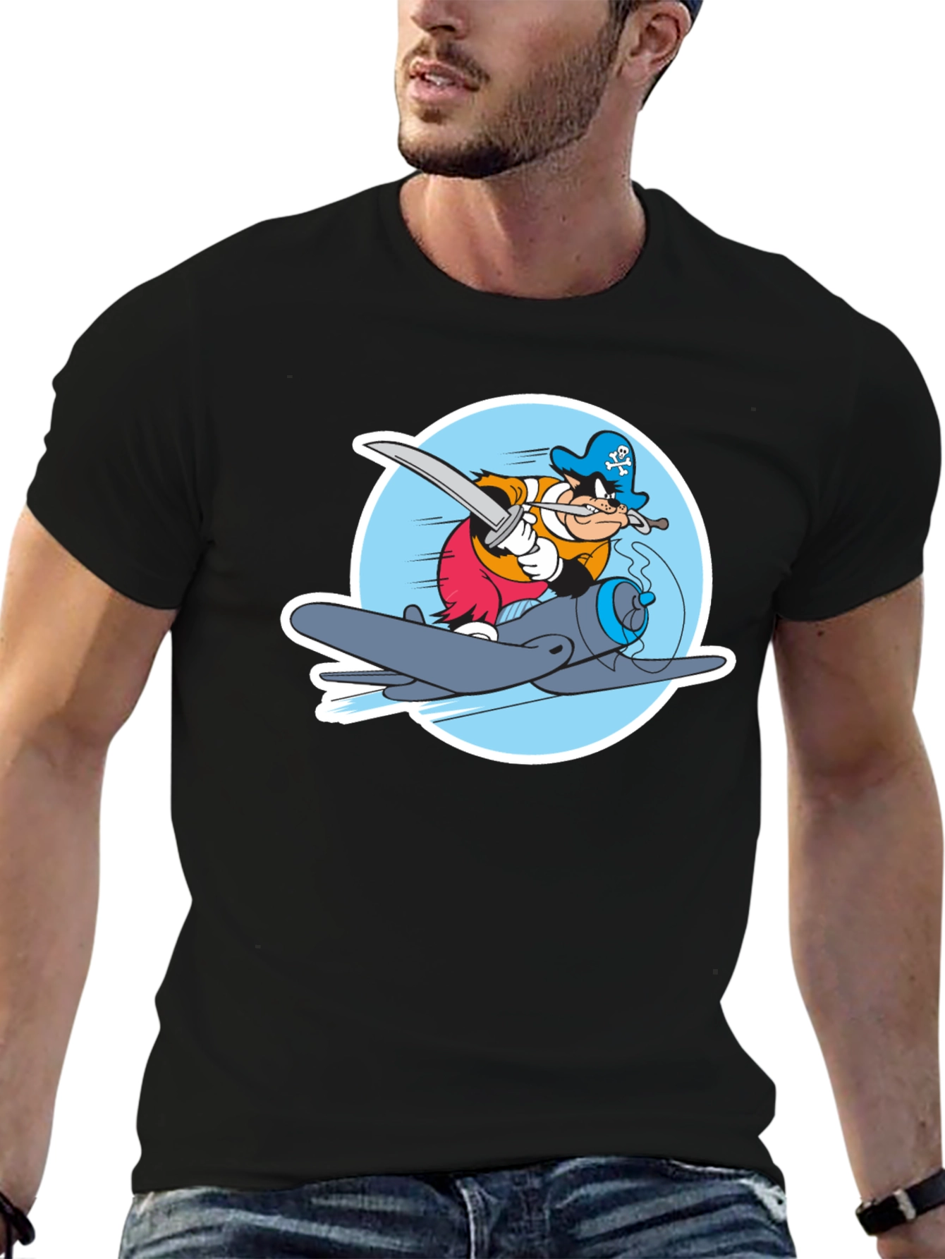 Cartoon Pirate Plane Black T-Shirt