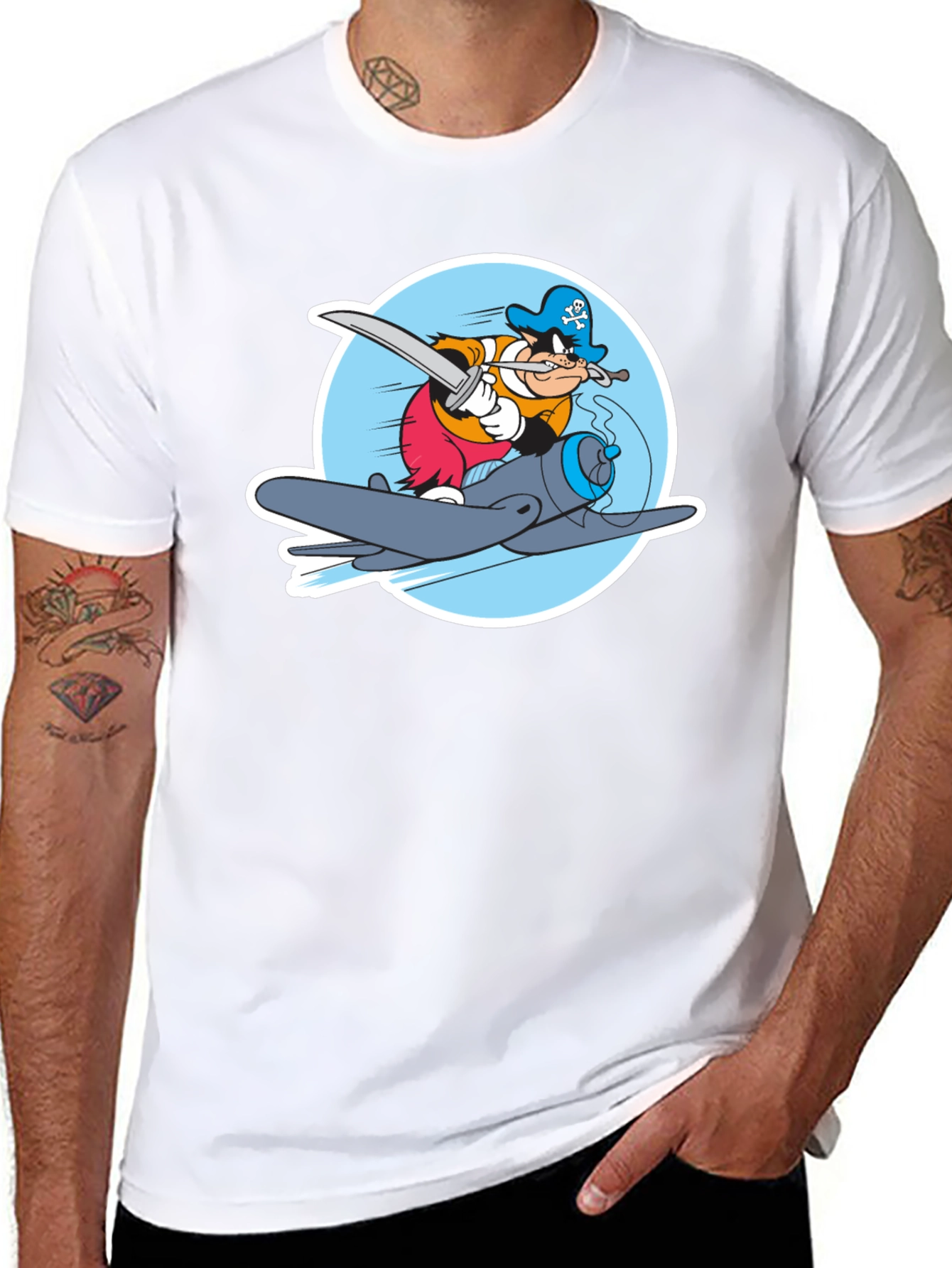 Cartoon Pirate Plane Black T-Shirt