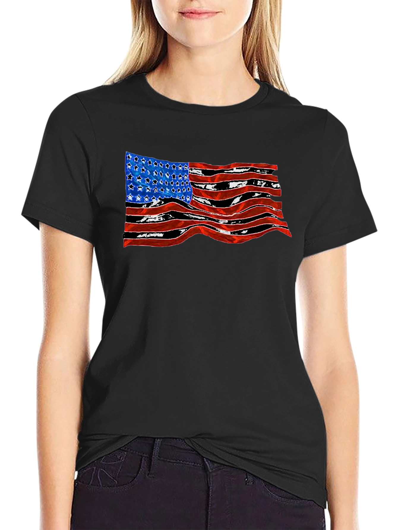 American Flag Wavy Graphic Black T-Shirt