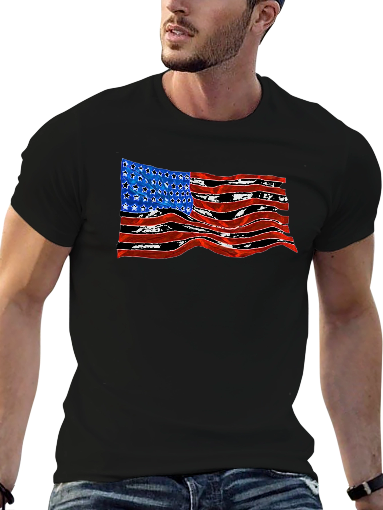 American Flag Wavy Graphic Black T-Shirt
