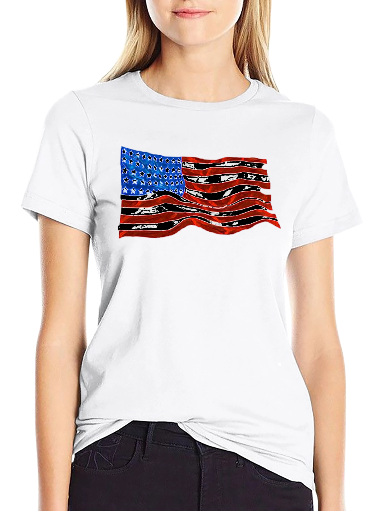 American Flag Wavy Graphic Black T-Shirt