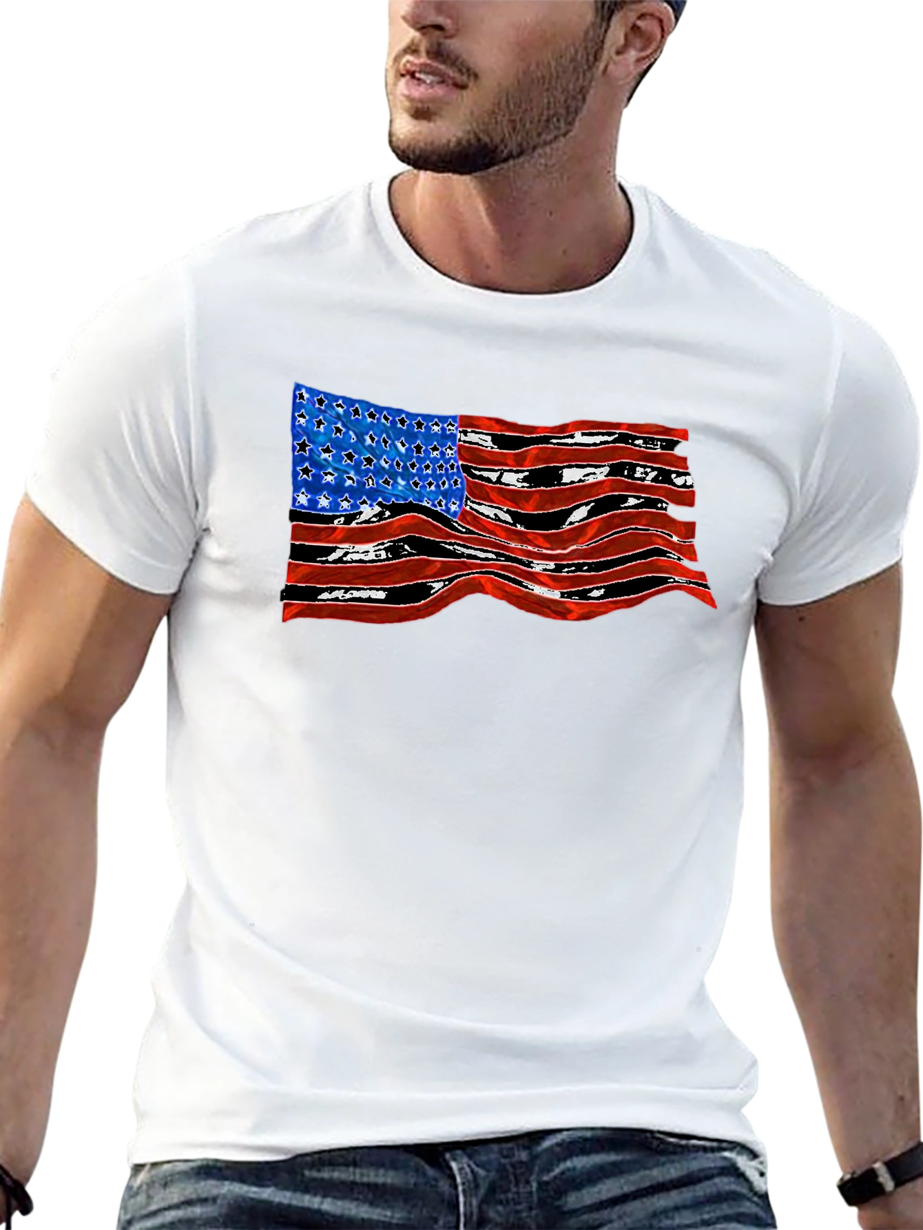 American Flag Wavy Graphic Black T-Shirt