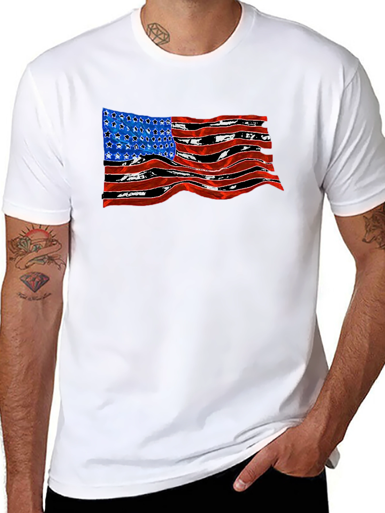 American Flag Wavy Graphic Black T-Shirt