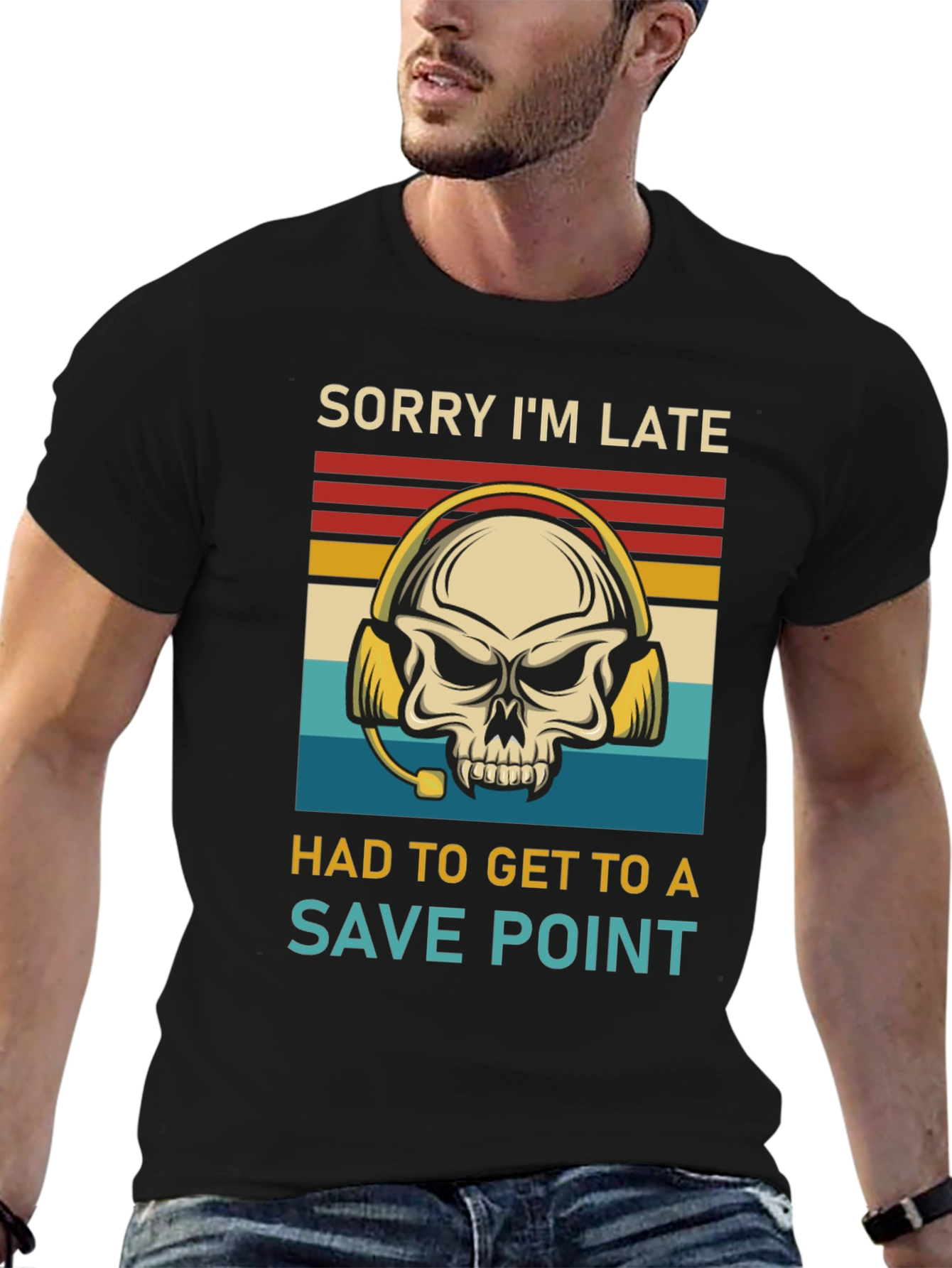 Sorry Im Late Save Point Gamer Skull T-Shirt