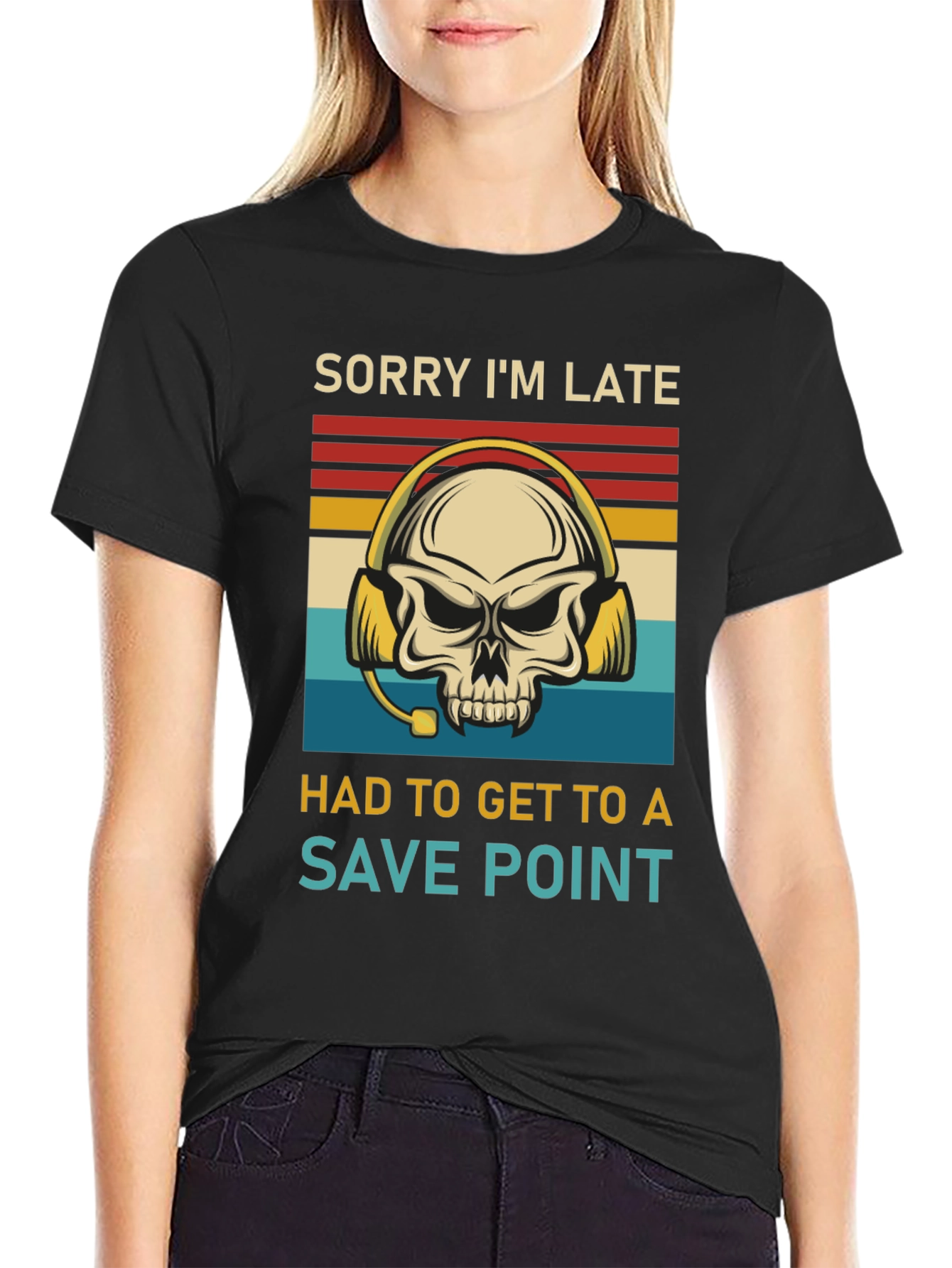 Sorry Im Late Save Point Gamer Skull T-Shirt
