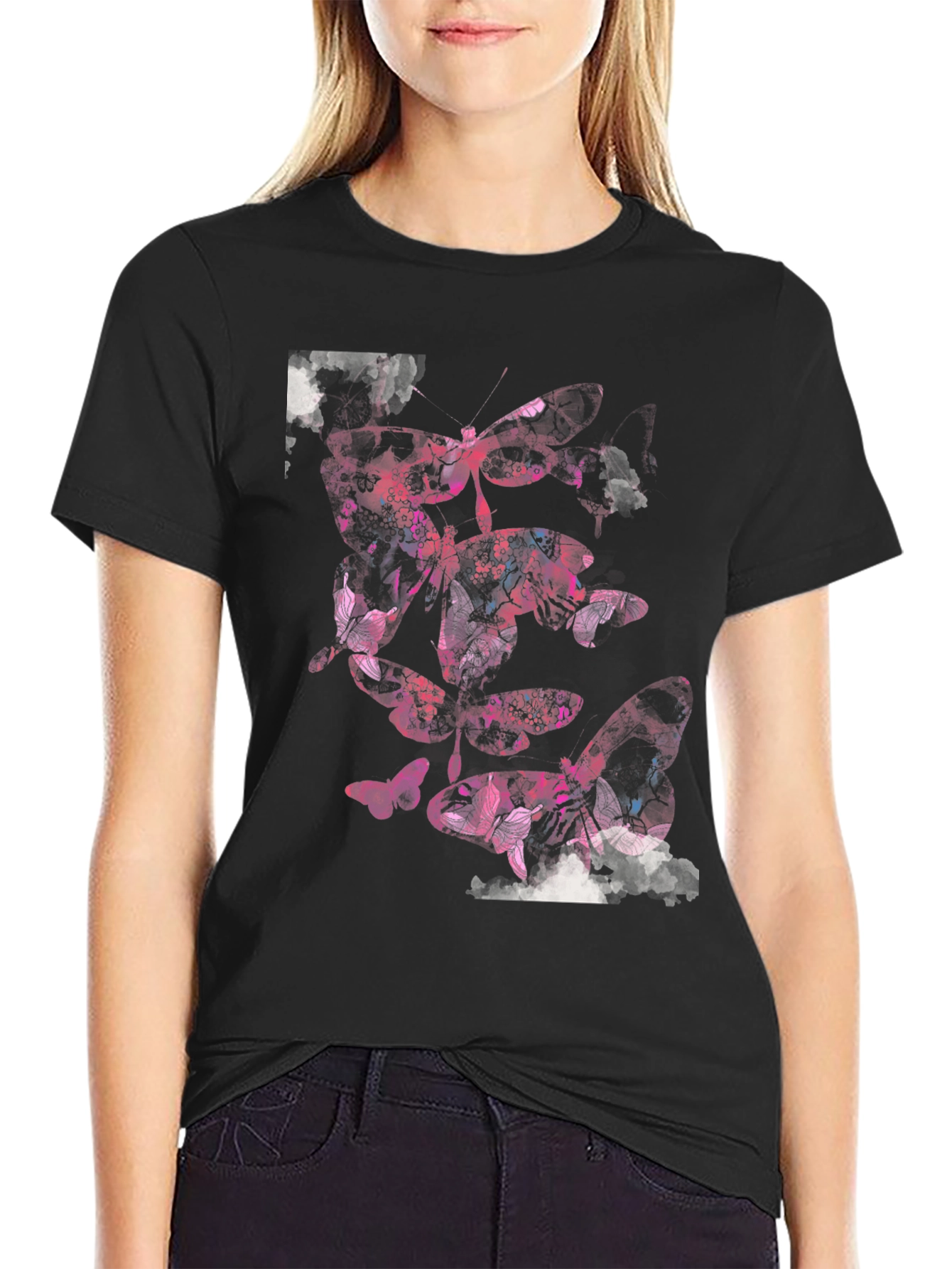 Butterfly Graphic Print Black Casual T-Shirt