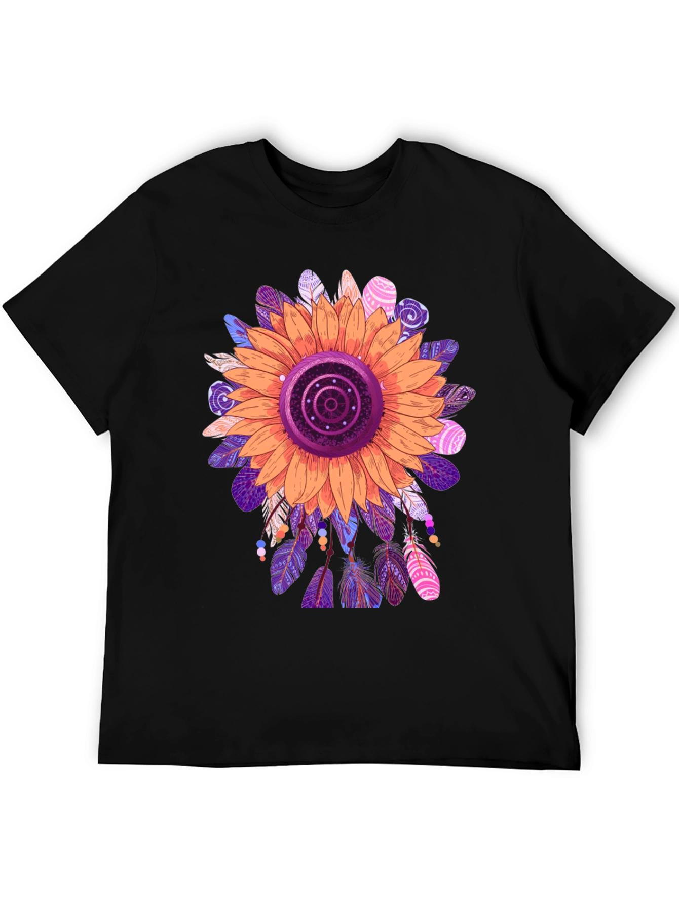 Sunflower Feather Print Black T-Shirt