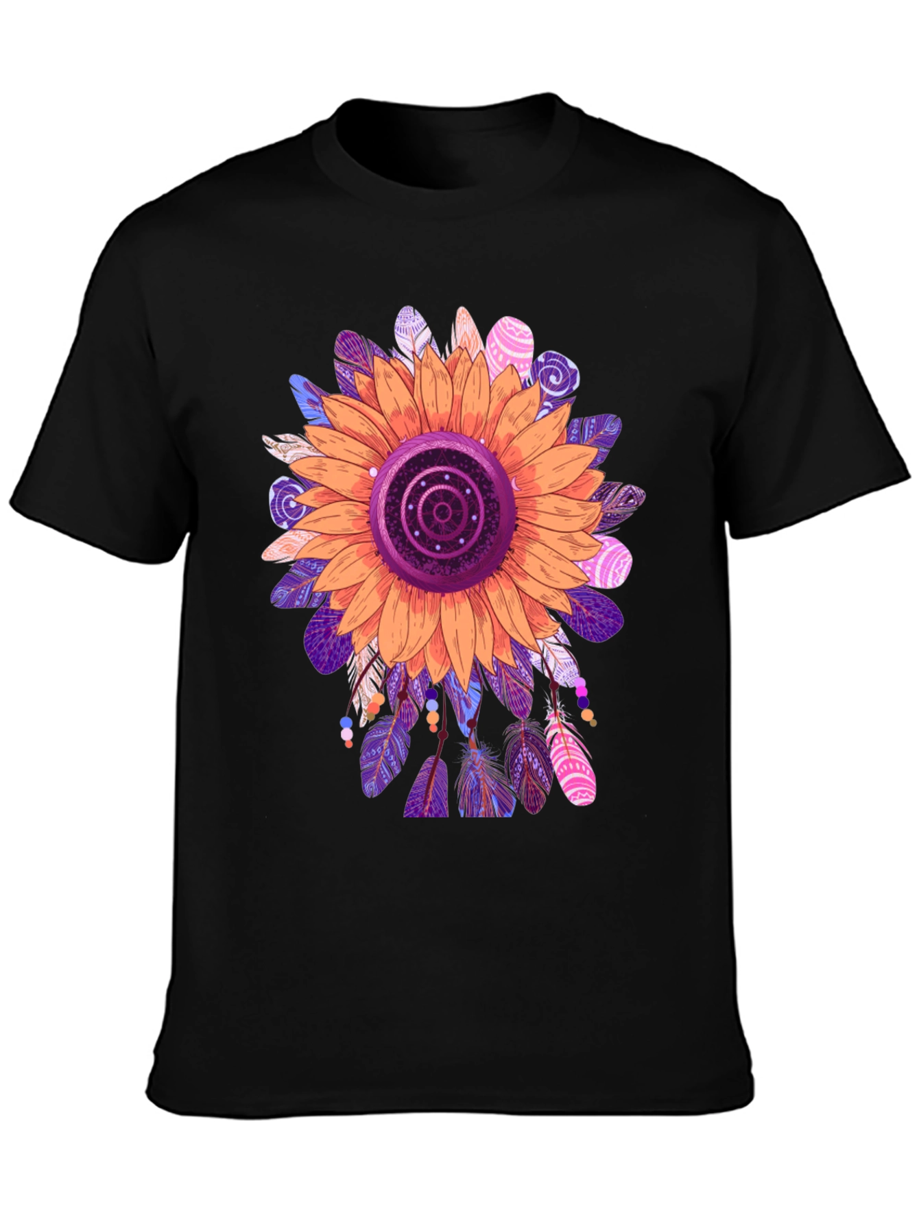 Sunflower Feather Print Black T-Shirt