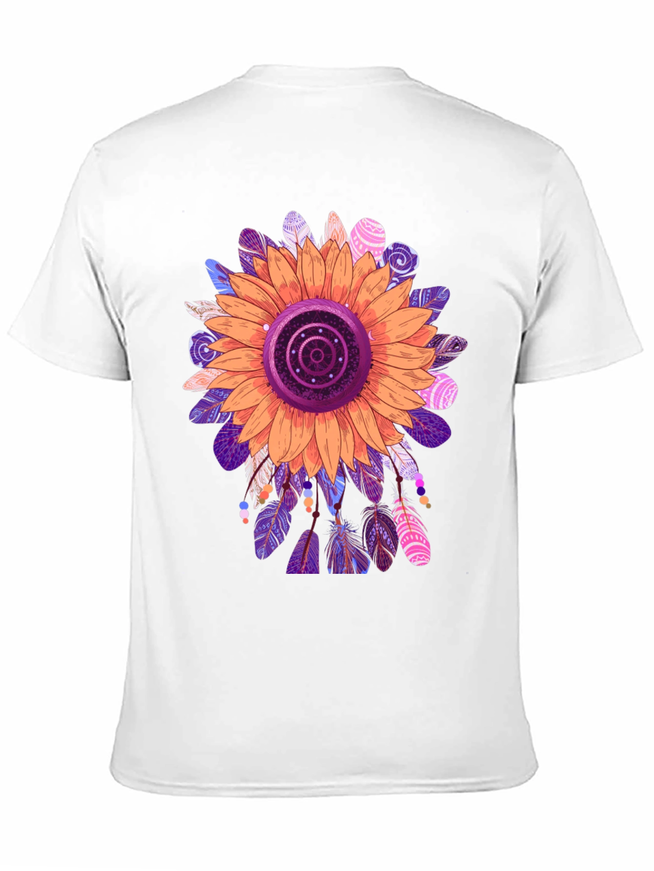 Sunflower Feather Print Black T-Shirt