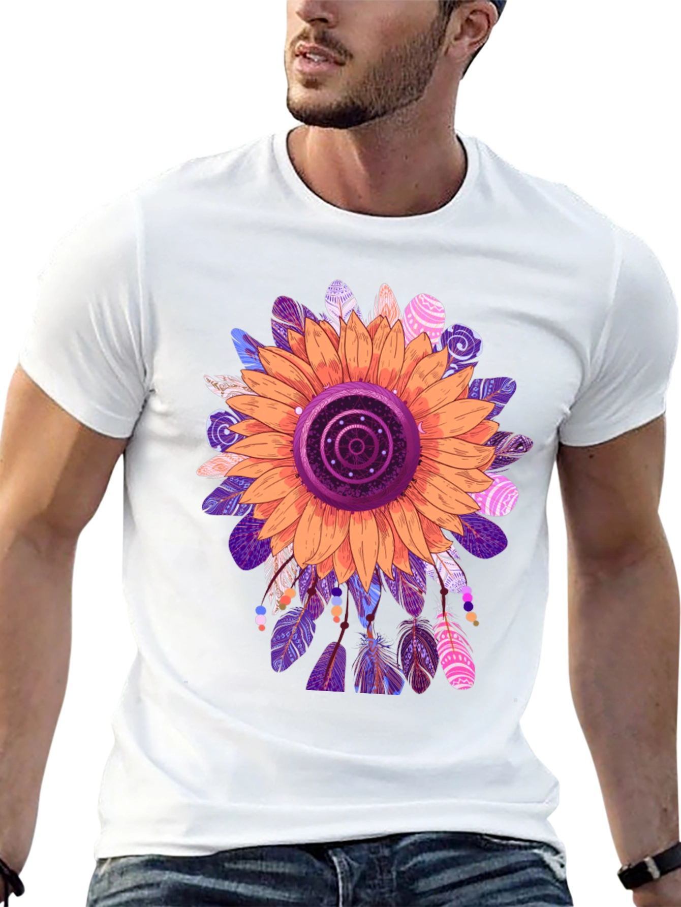 Sunflower Feather Print Black T-Shirt