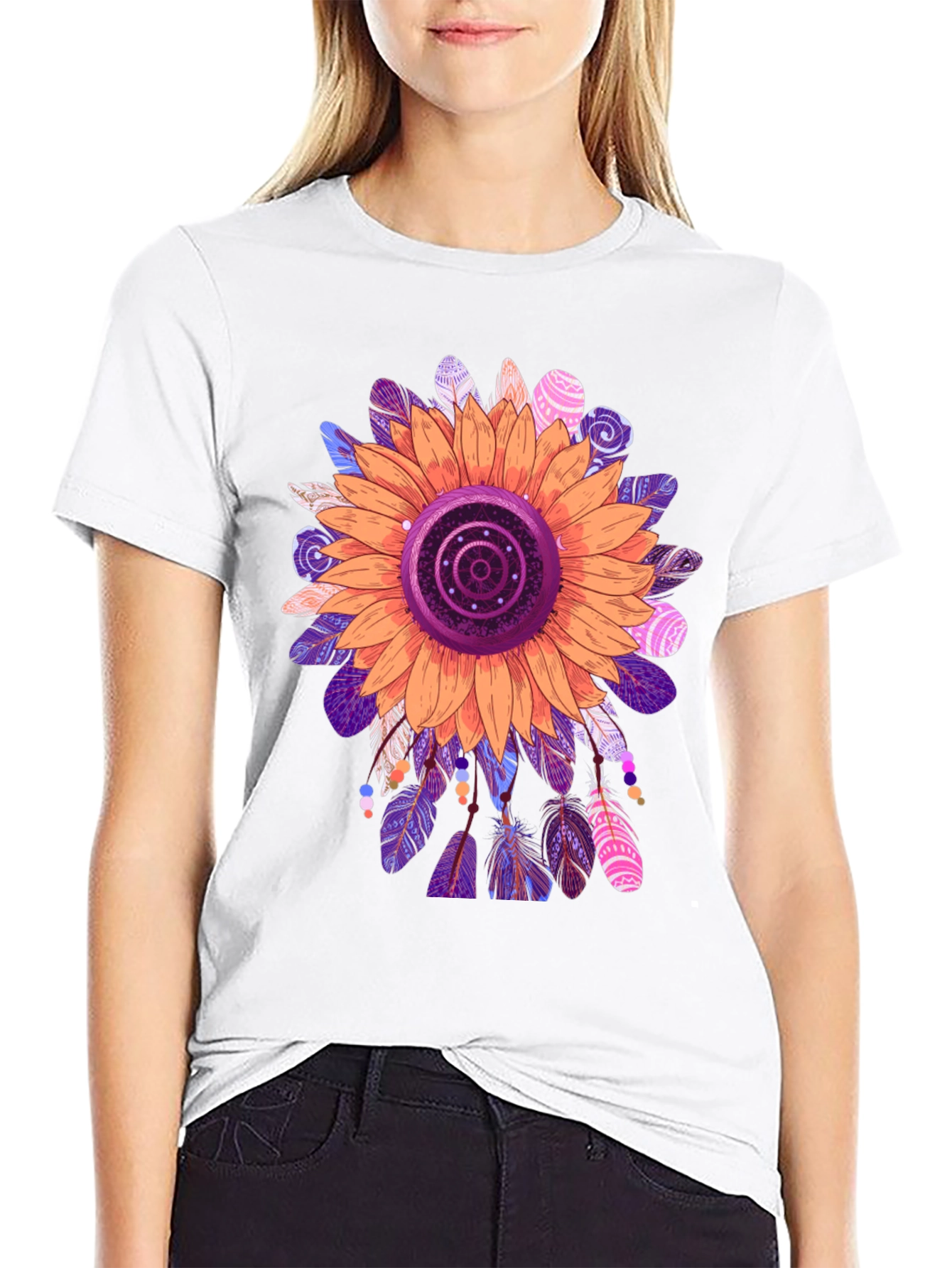 Sunflower Feather Print Black T-Shirt
