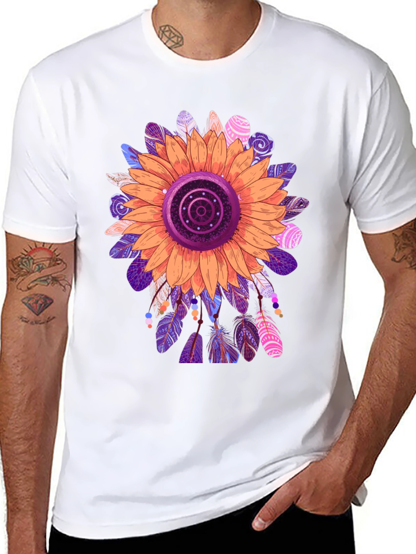 Sunflower Feather Print Black T-Shirt