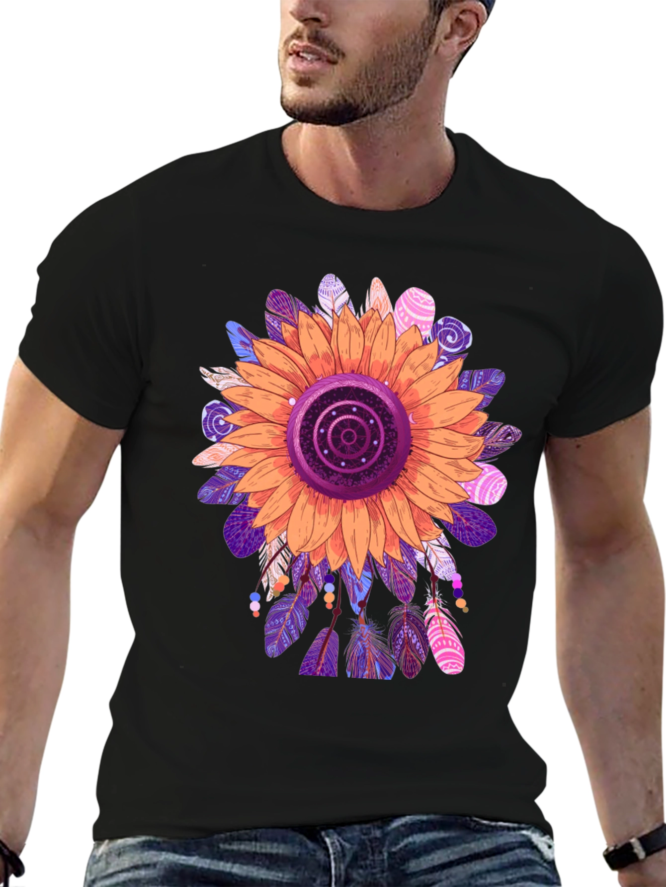 Sunflower Feather Print Black T-Shirt