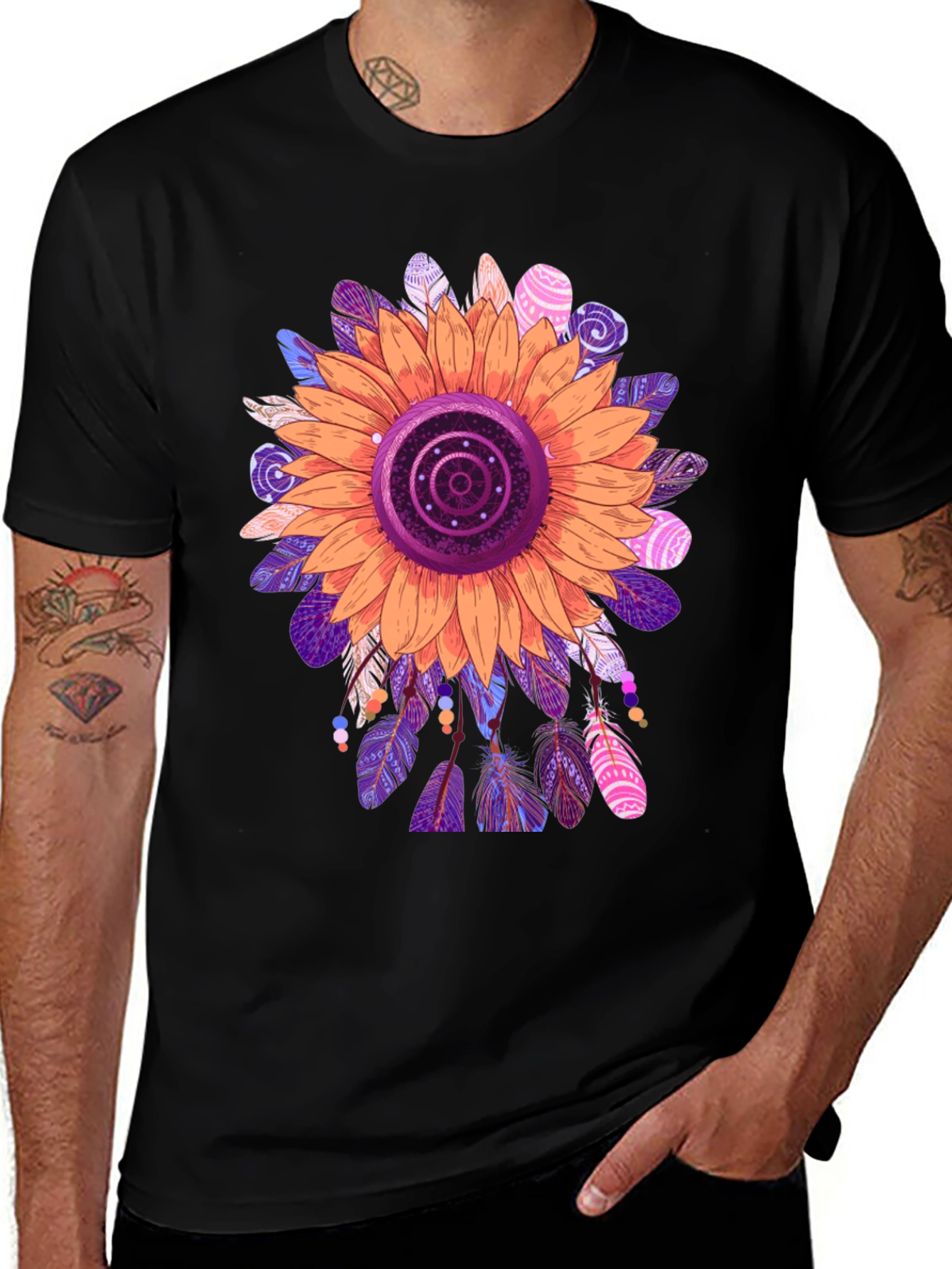 Sunflower Feather Print Black T-Shirt