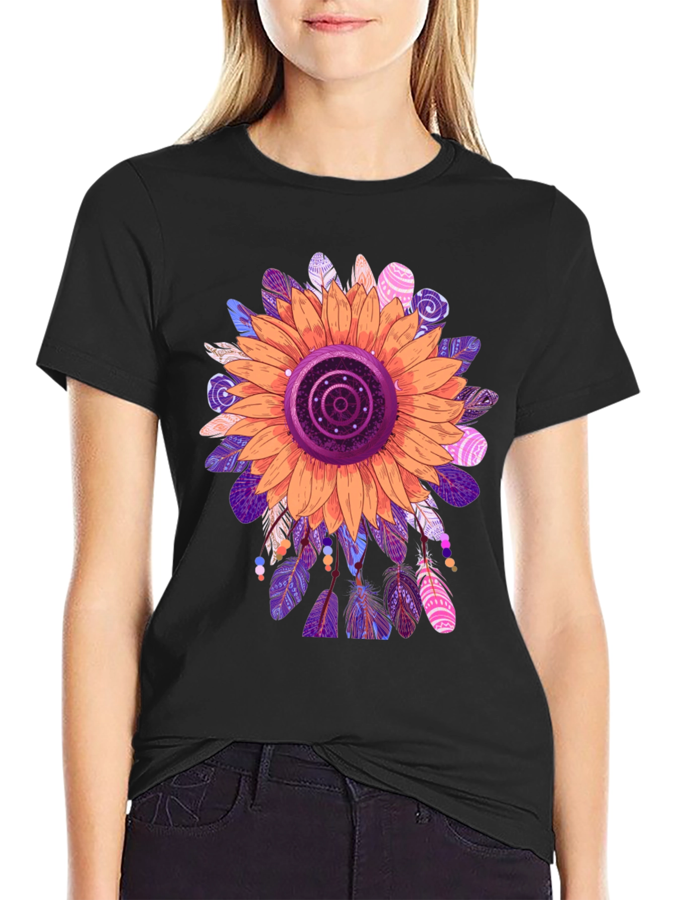 Sunflower Feather Print Black T-Shirt