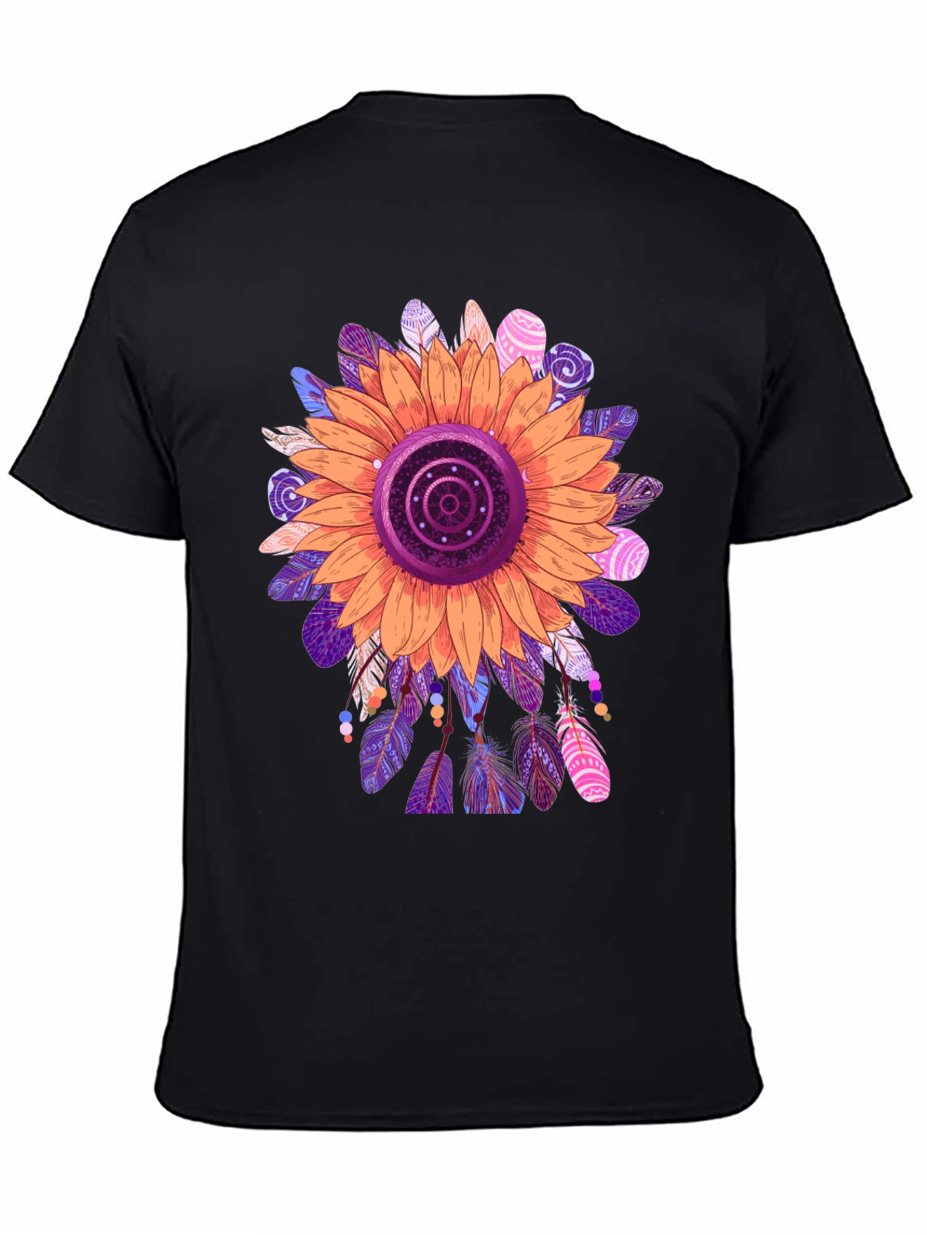 Sunflower Feather Print Black T-Shirt
