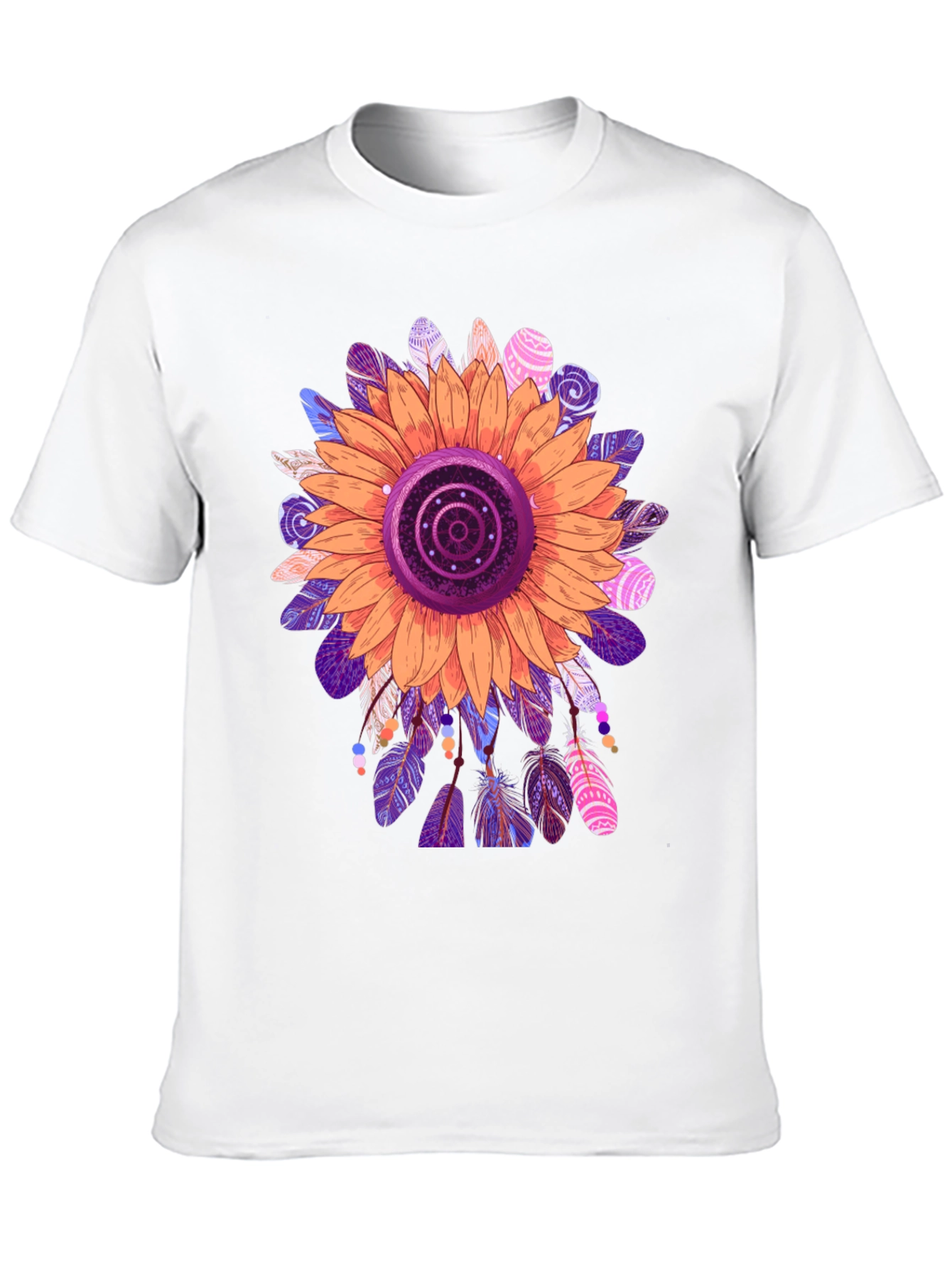 Sunflower Feather Print Black T-Shirt