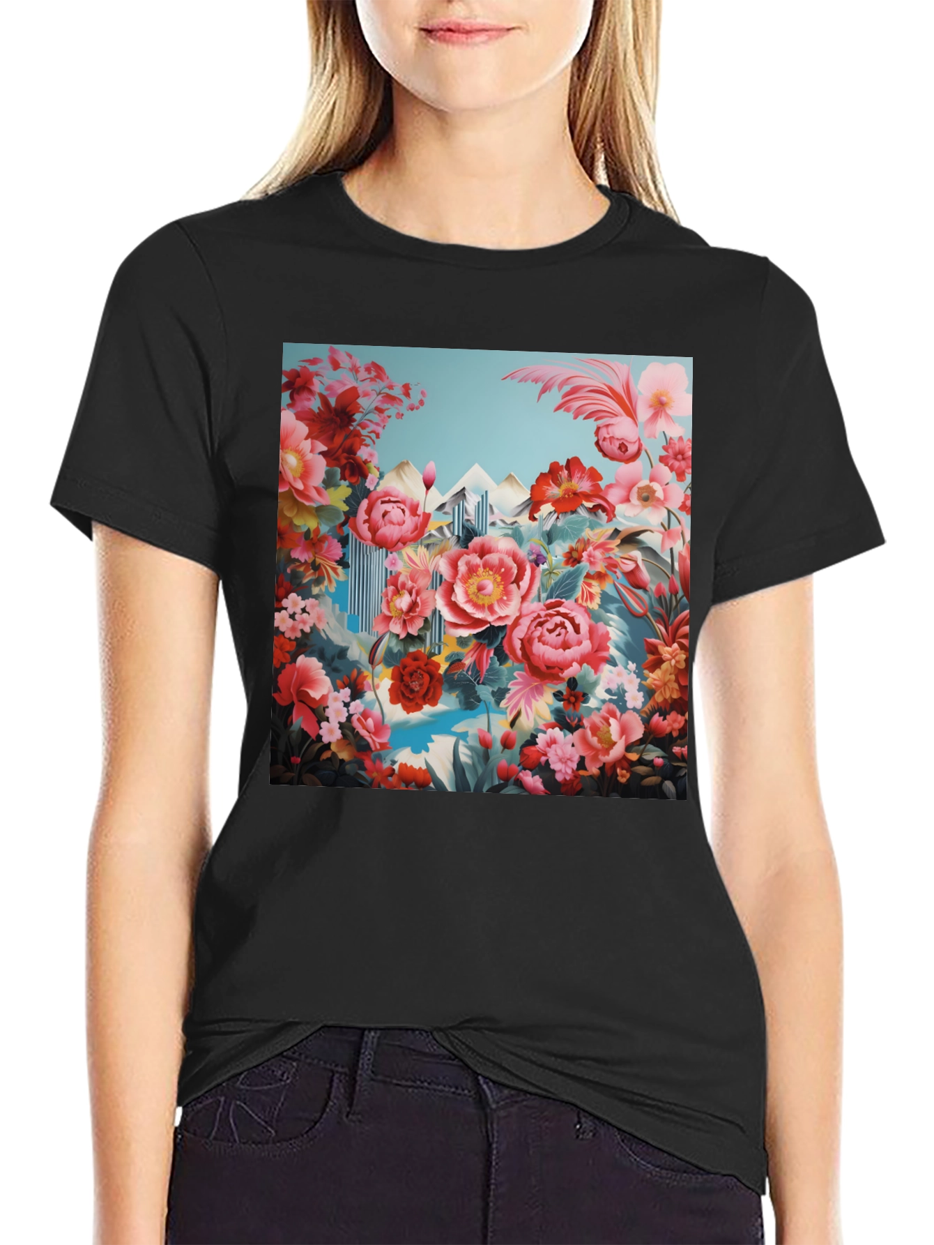 Floral Landscape Print Black T-Shirt