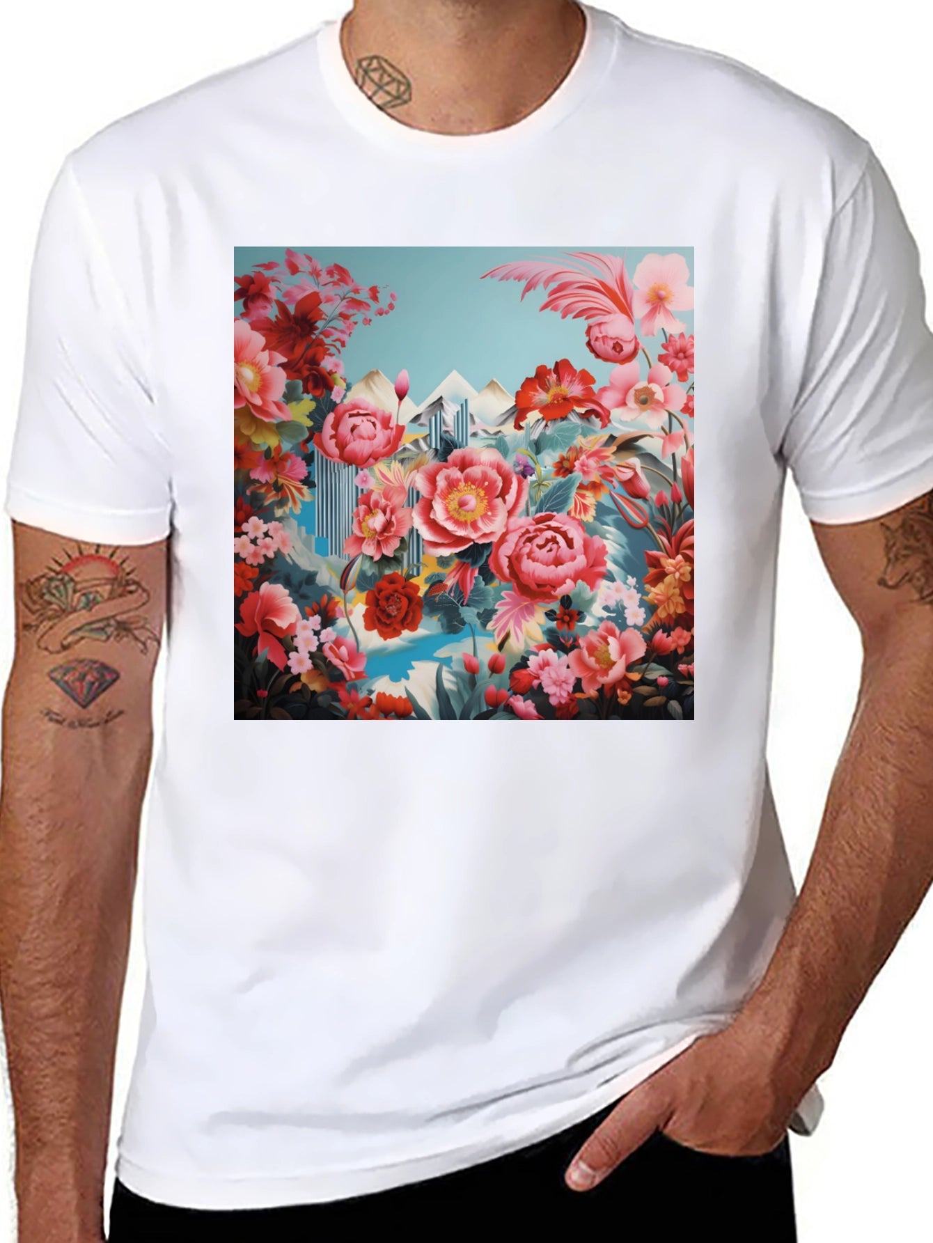 Floral Landscape Print Black T-Shirt