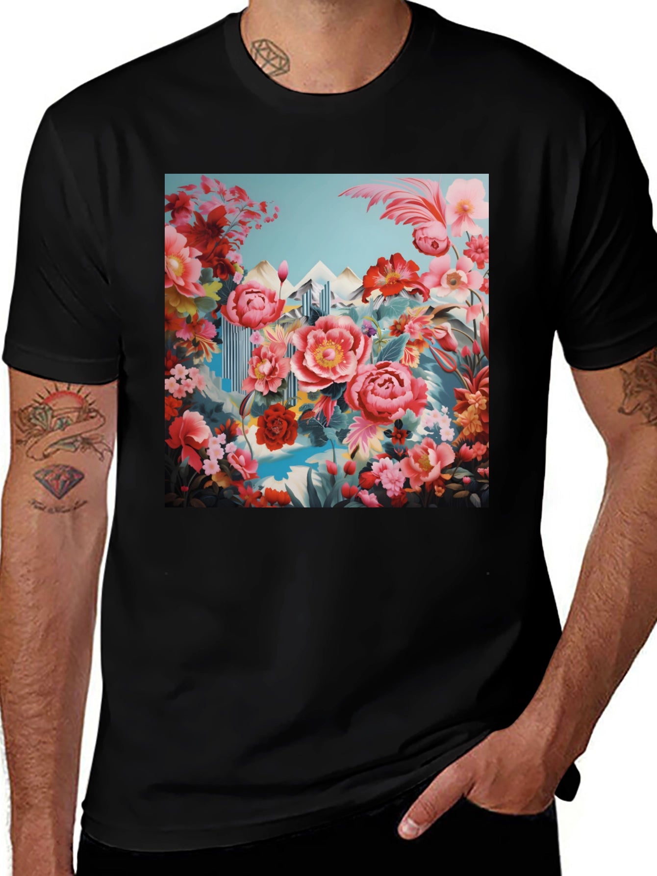 Floral Landscape Print Black T-Shirt