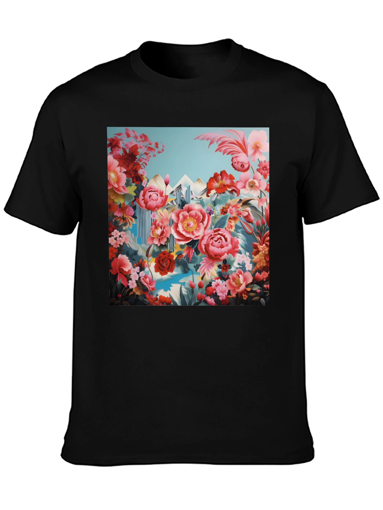 Floral Landscape Print Black T-Shirt