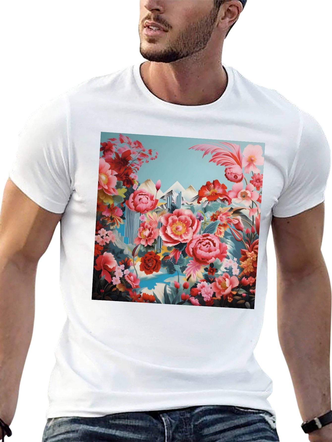 Floral Landscape Print Black T-Shirt