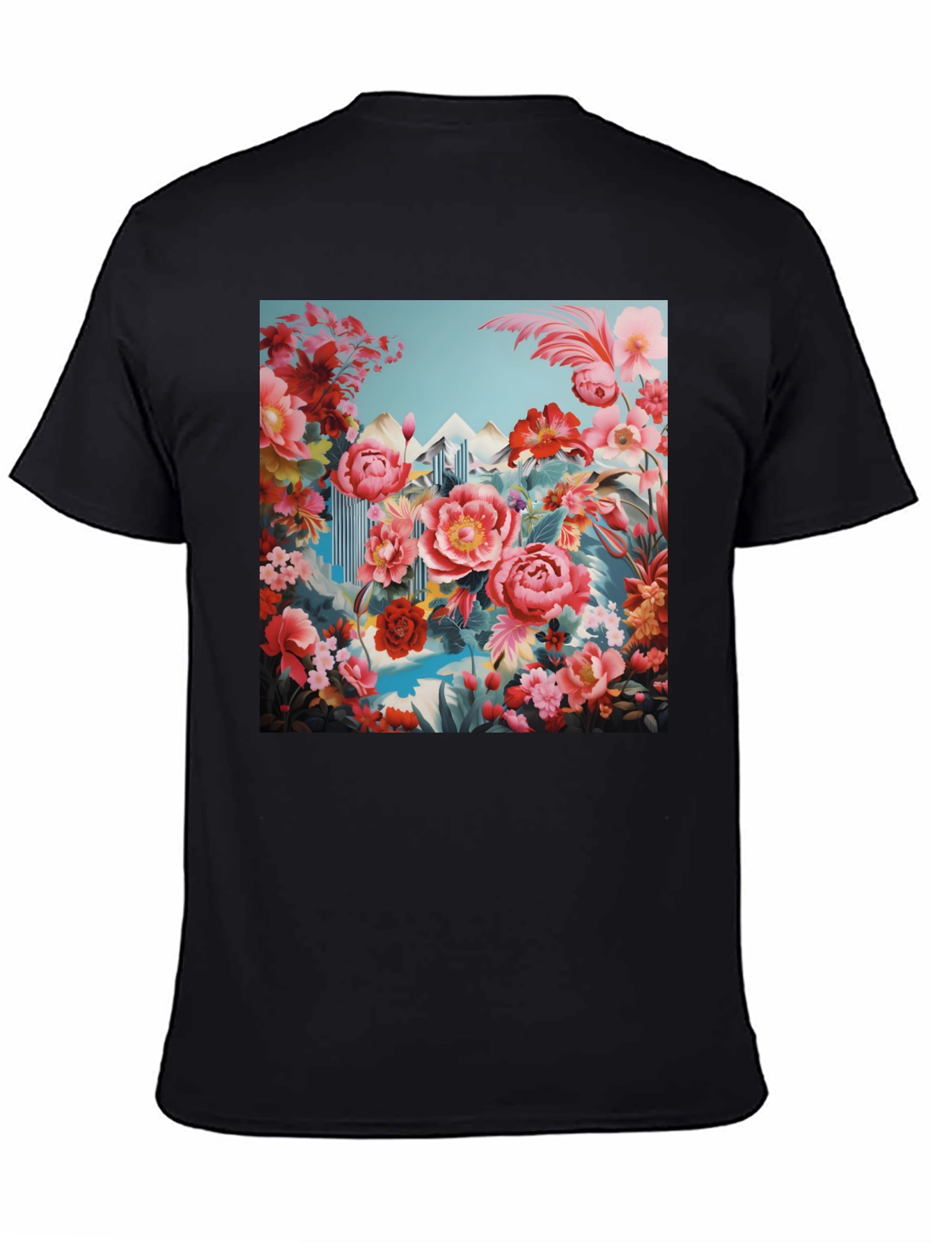 Floral Landscape Print Black T-Shirt