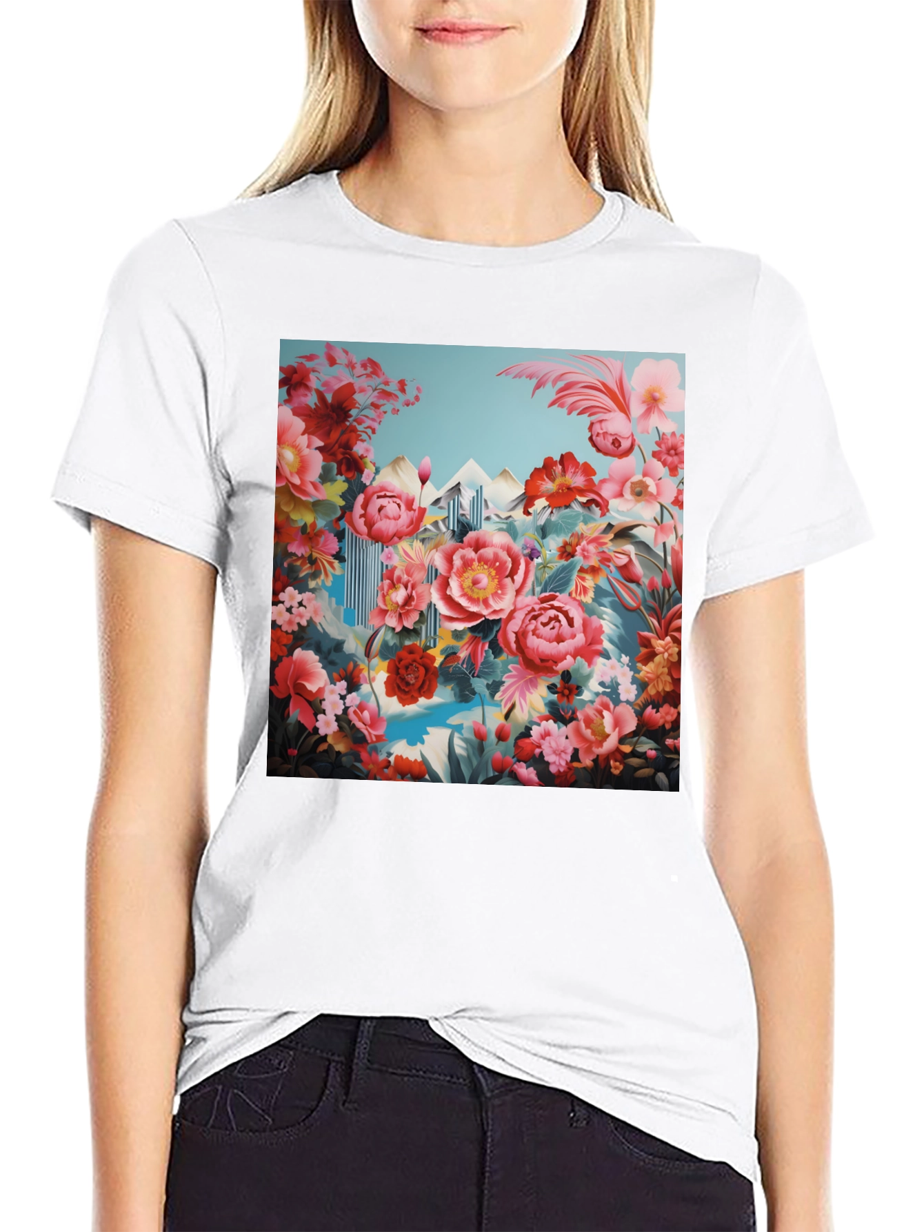 Floral Landscape Print Black T-Shirt