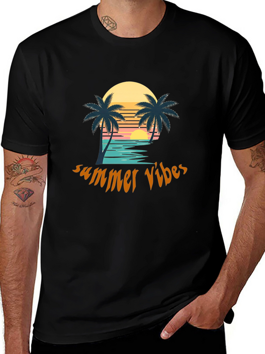 Summer Vibes Graphic Tee - Tropical Palm Tree Sunset Design