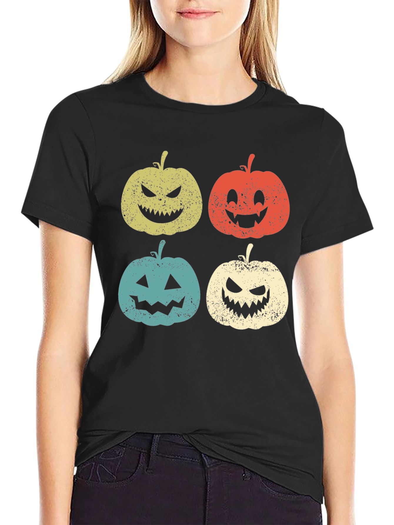 Halloween Pumpkin Faces Graphic Tee - Spooky Season Shirt