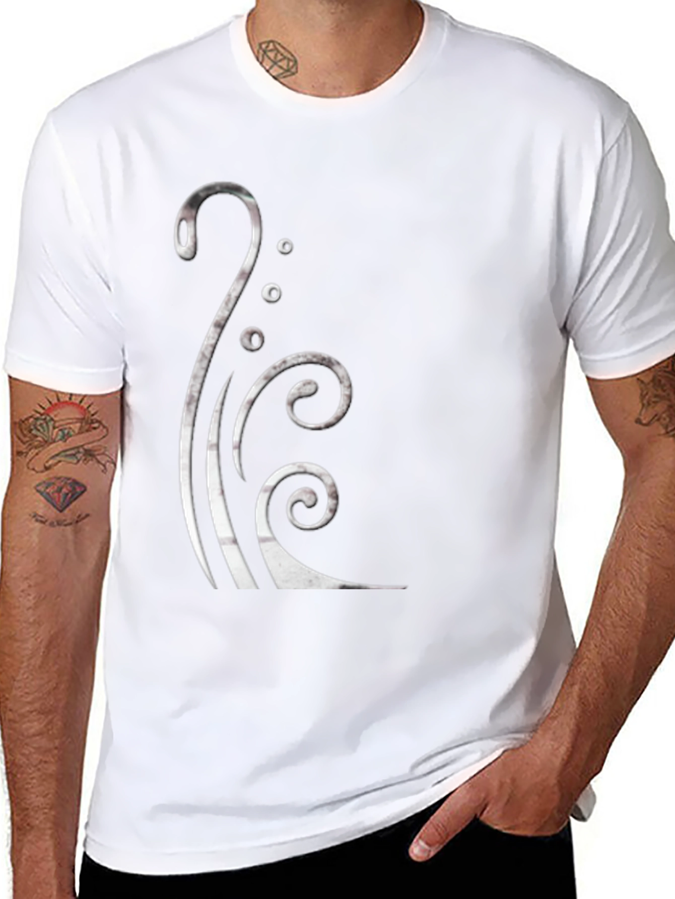 Black Graphic Tee with Silver Swirl Design
