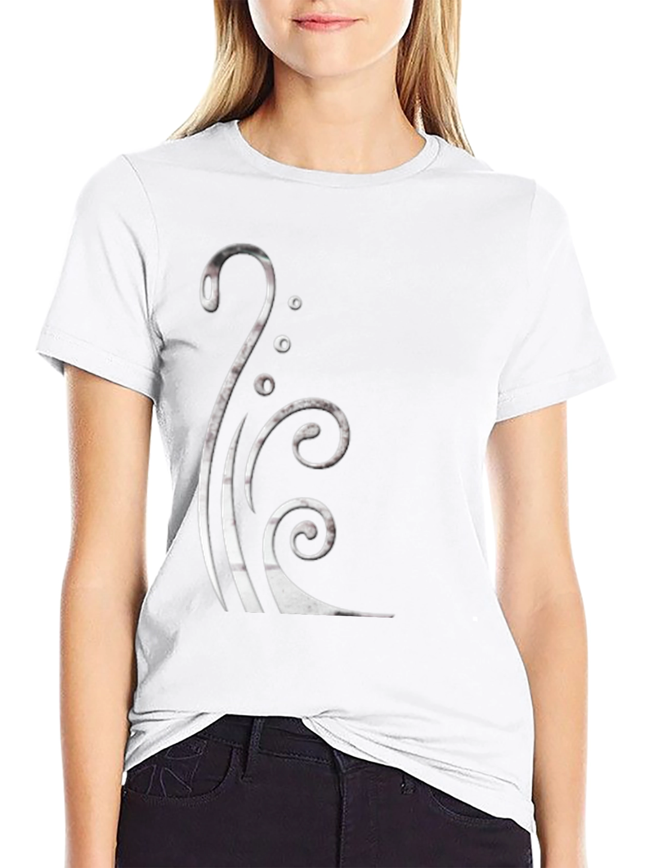 Black Graphic Tee with Silver Swirl Design