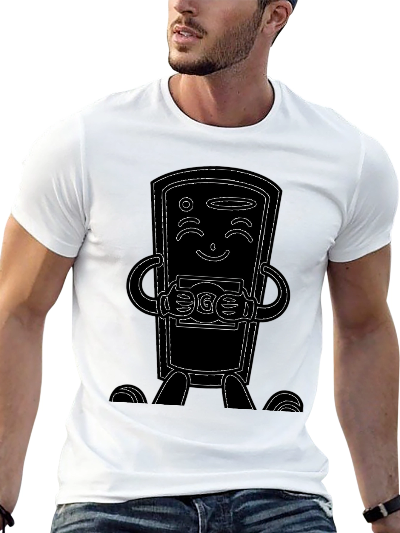 Black T-Shirt with Cartoon Phone Design