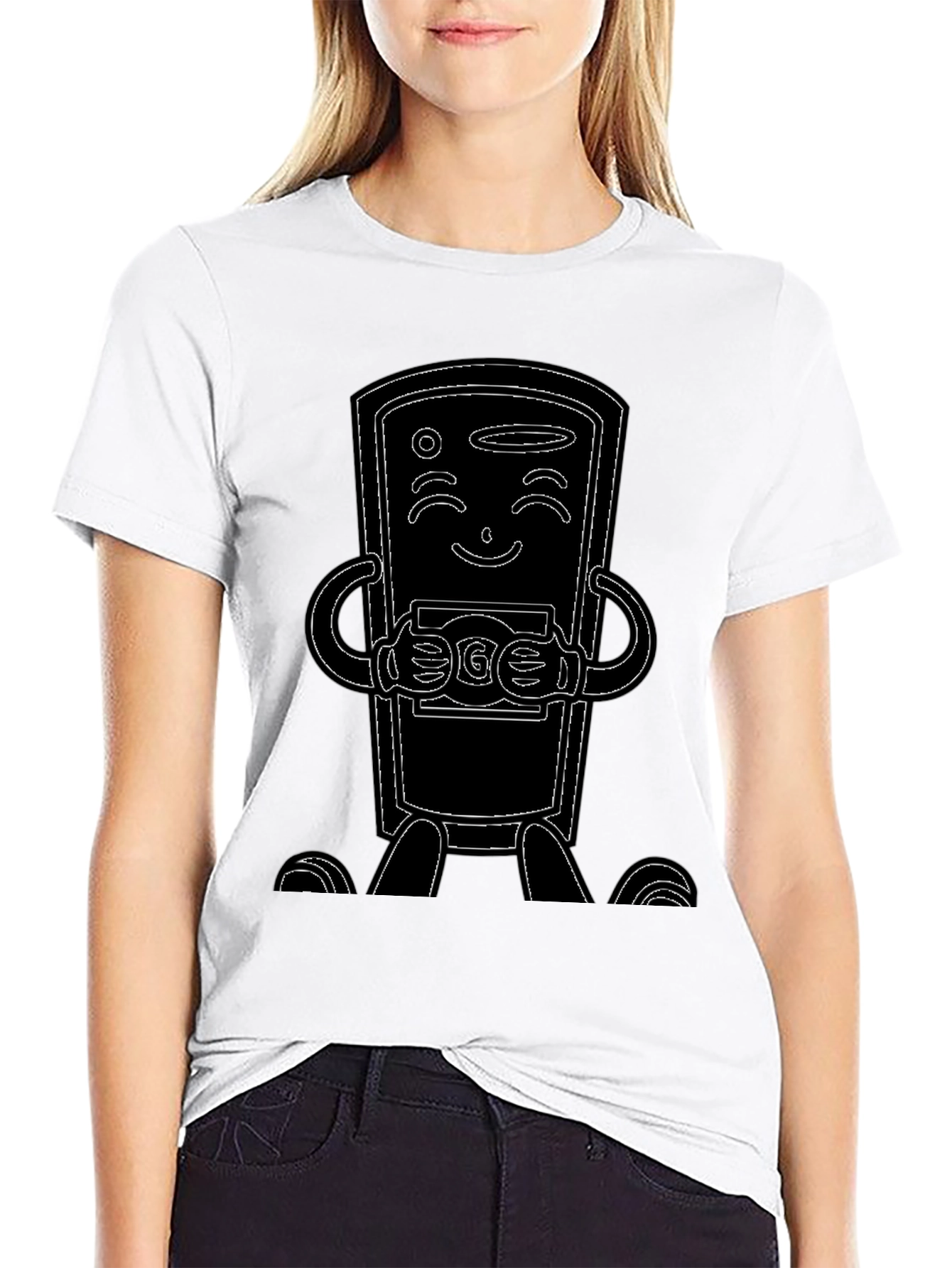 Black T-Shirt with Cartoon Phone Design