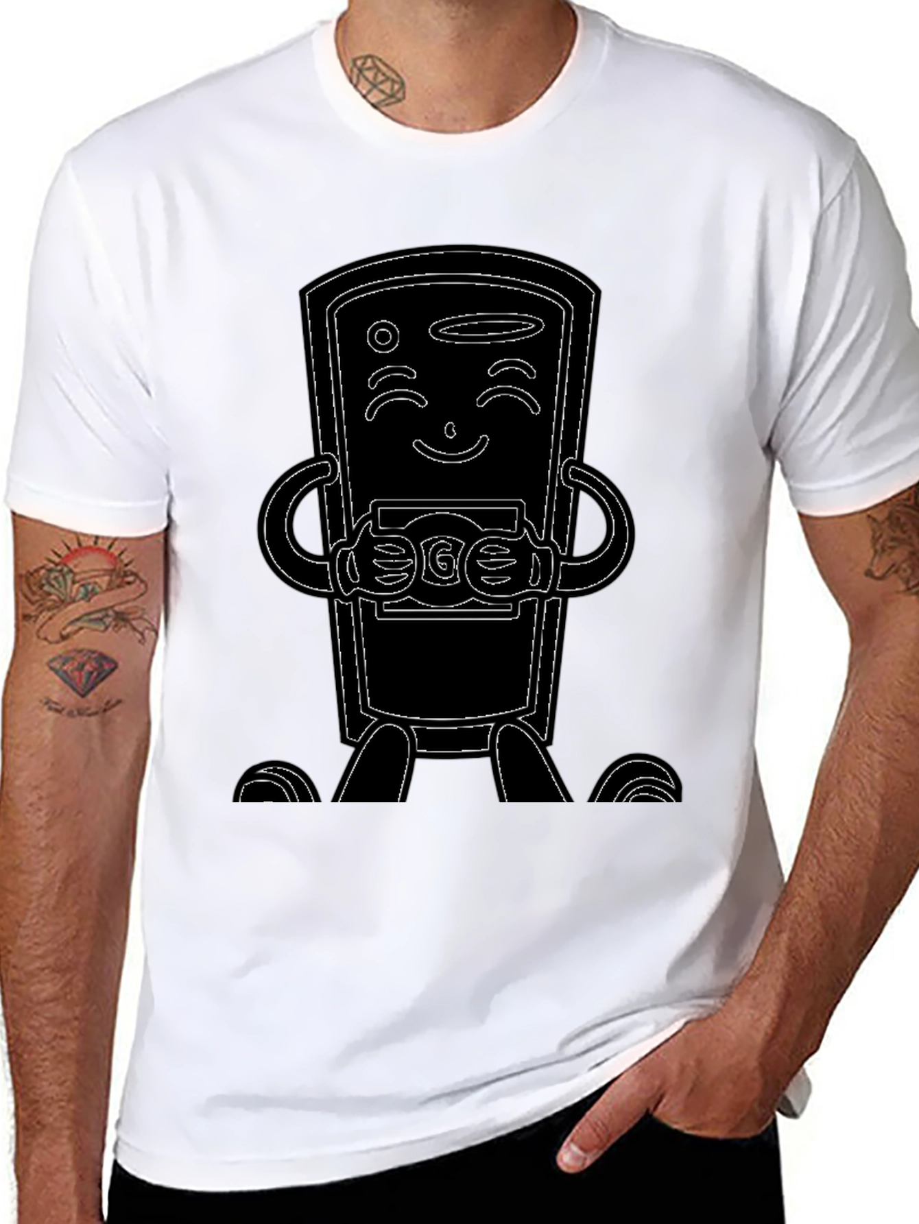 Black T-Shirt with Cartoon Phone Design