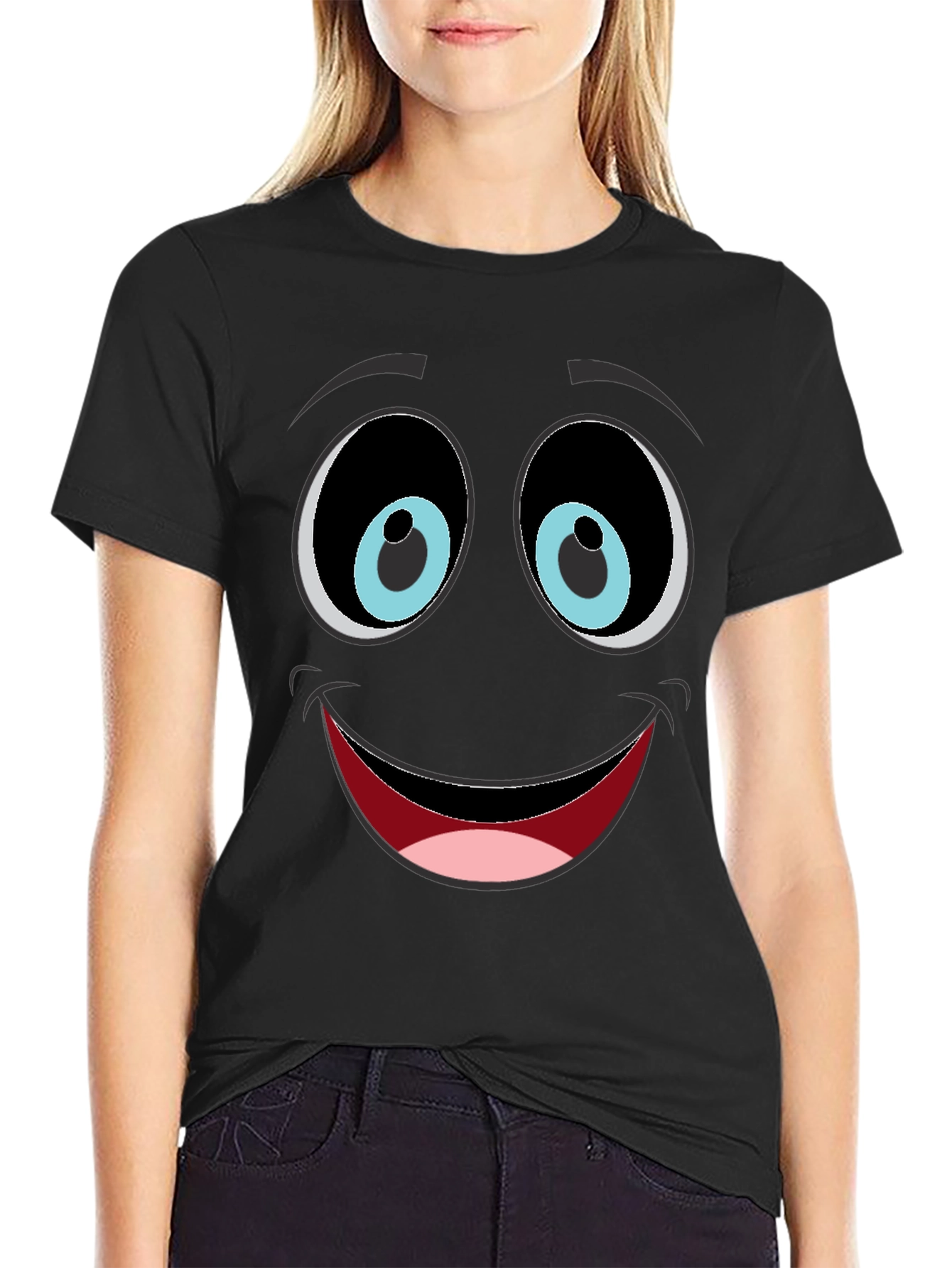 Funny Face Graphic Tee - Black Cotton Blend T-Shirt