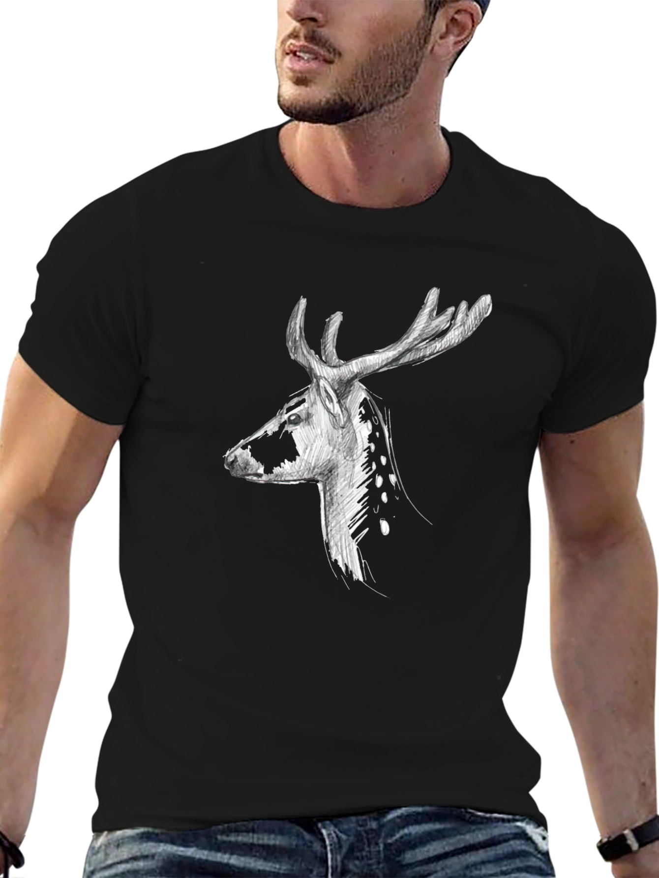 Deer Graphic Print Tee - Black Casual T-Shirt