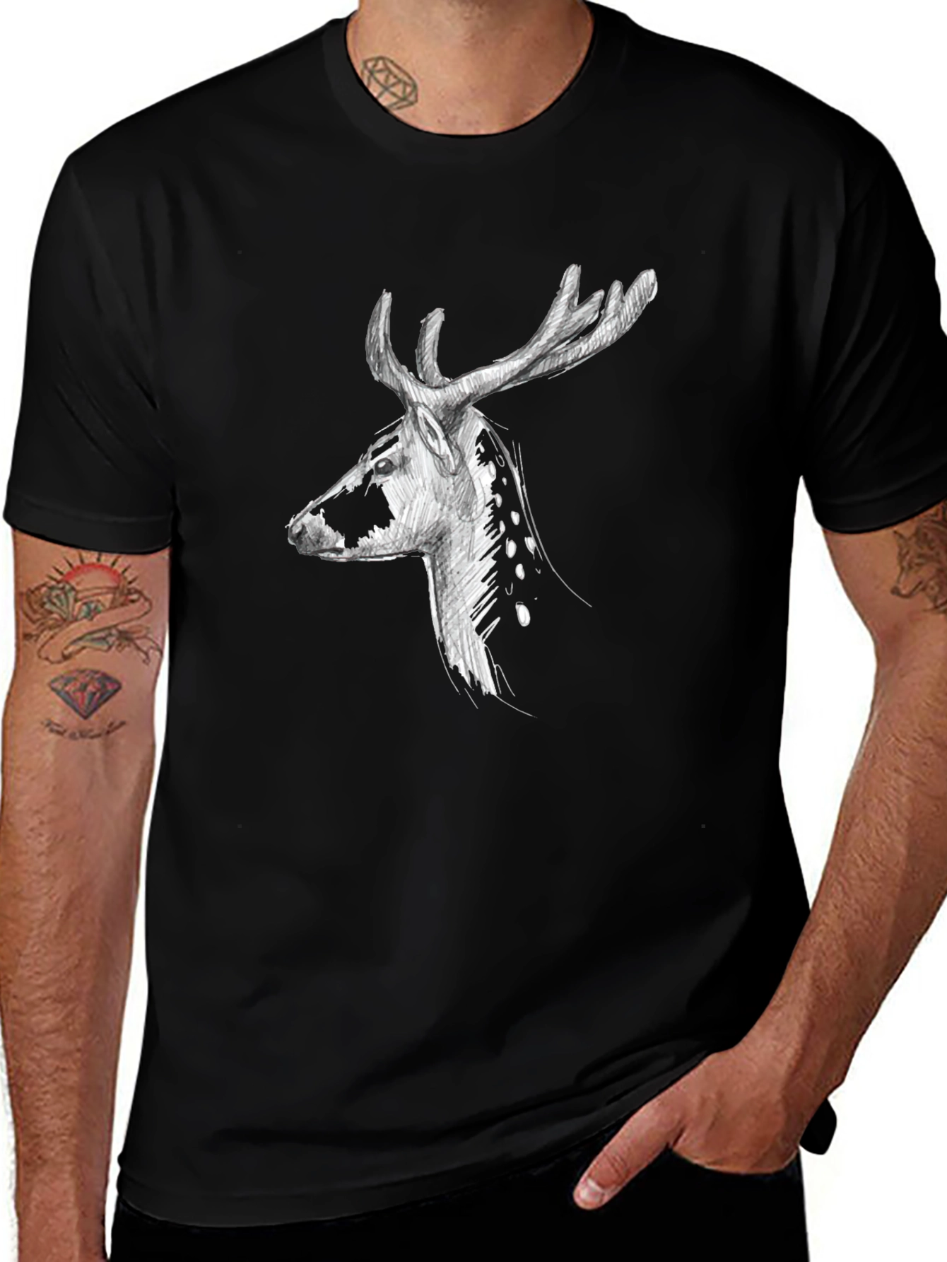 Deer Graphic Print Tee - Black Casual T-Shirt
