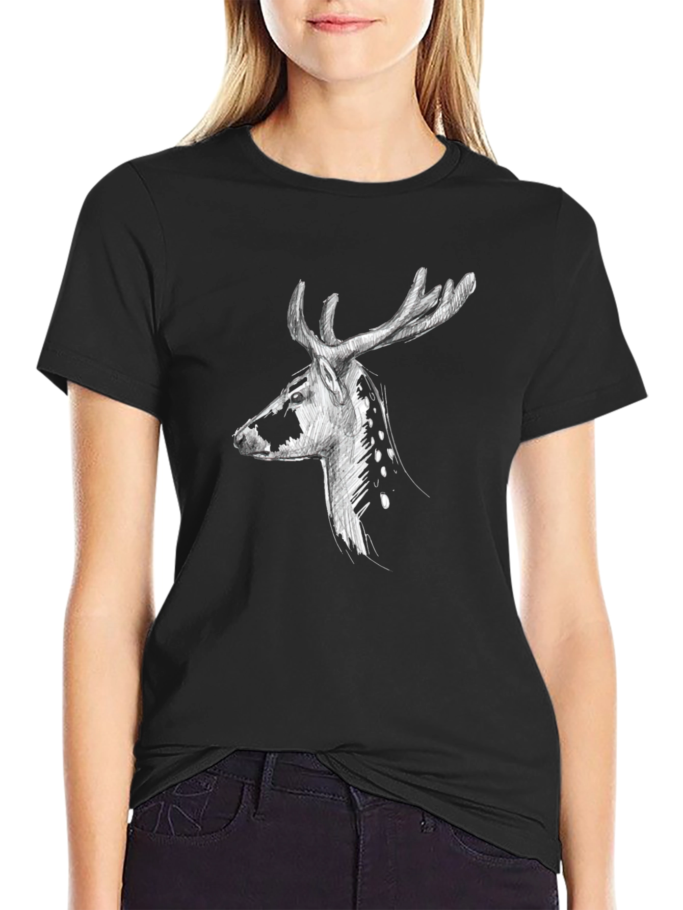 Deer Graphic Print Tee - Black Casual T-Shirt