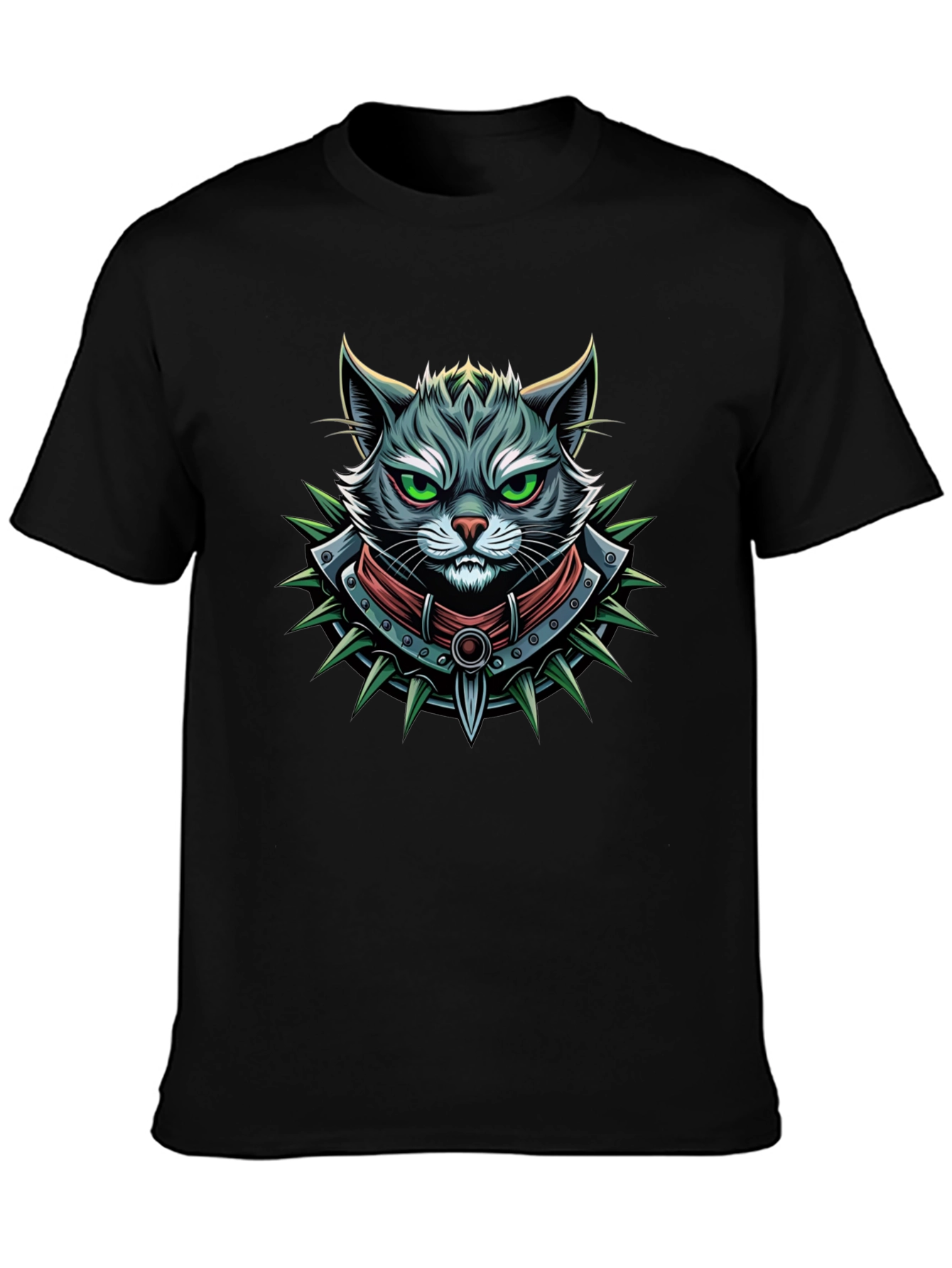 Edgy Cat Graphic Tee - Spiked Collar Design