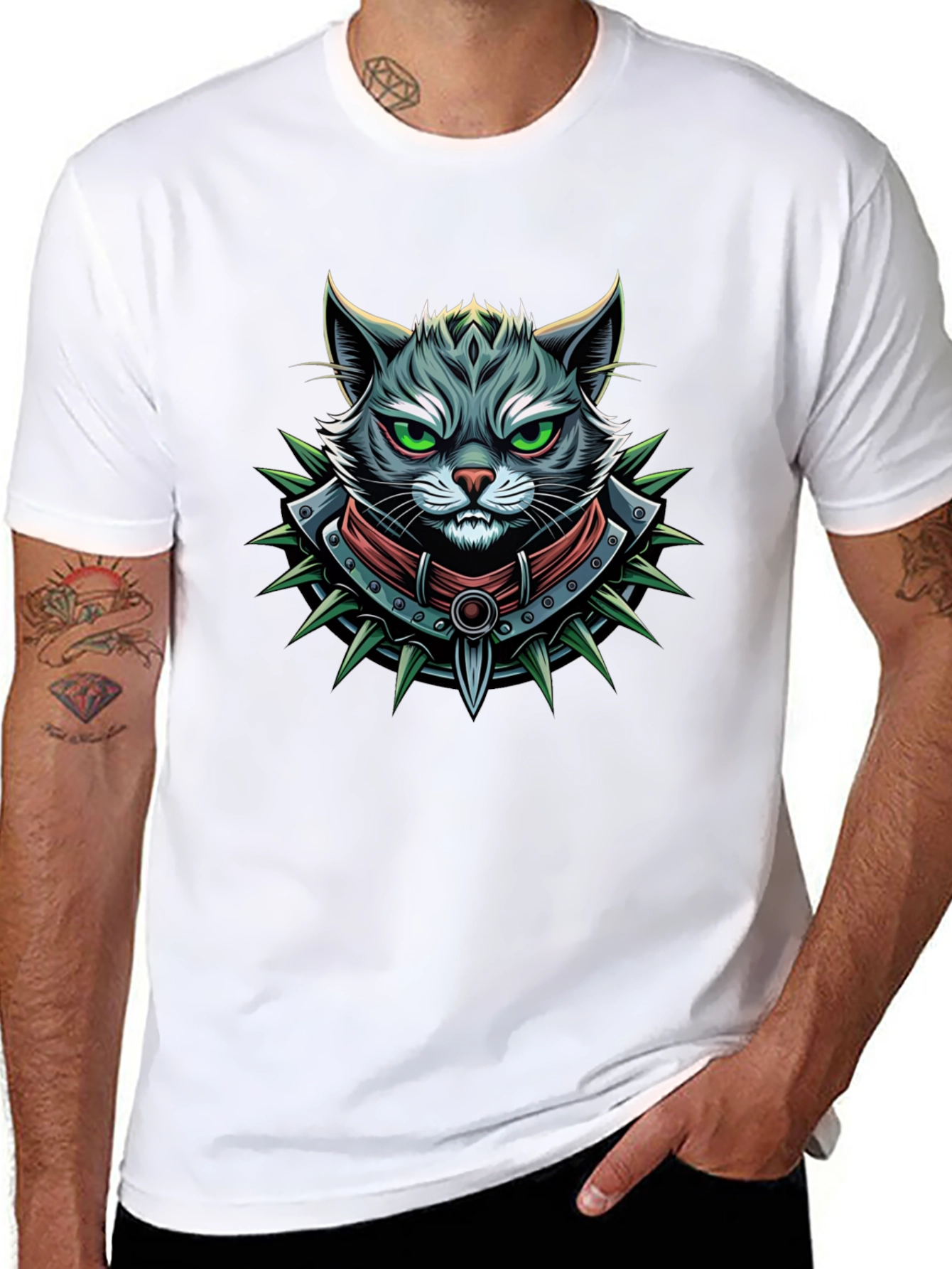 Edgy Cat Graphic Tee - Spiked Collar Design