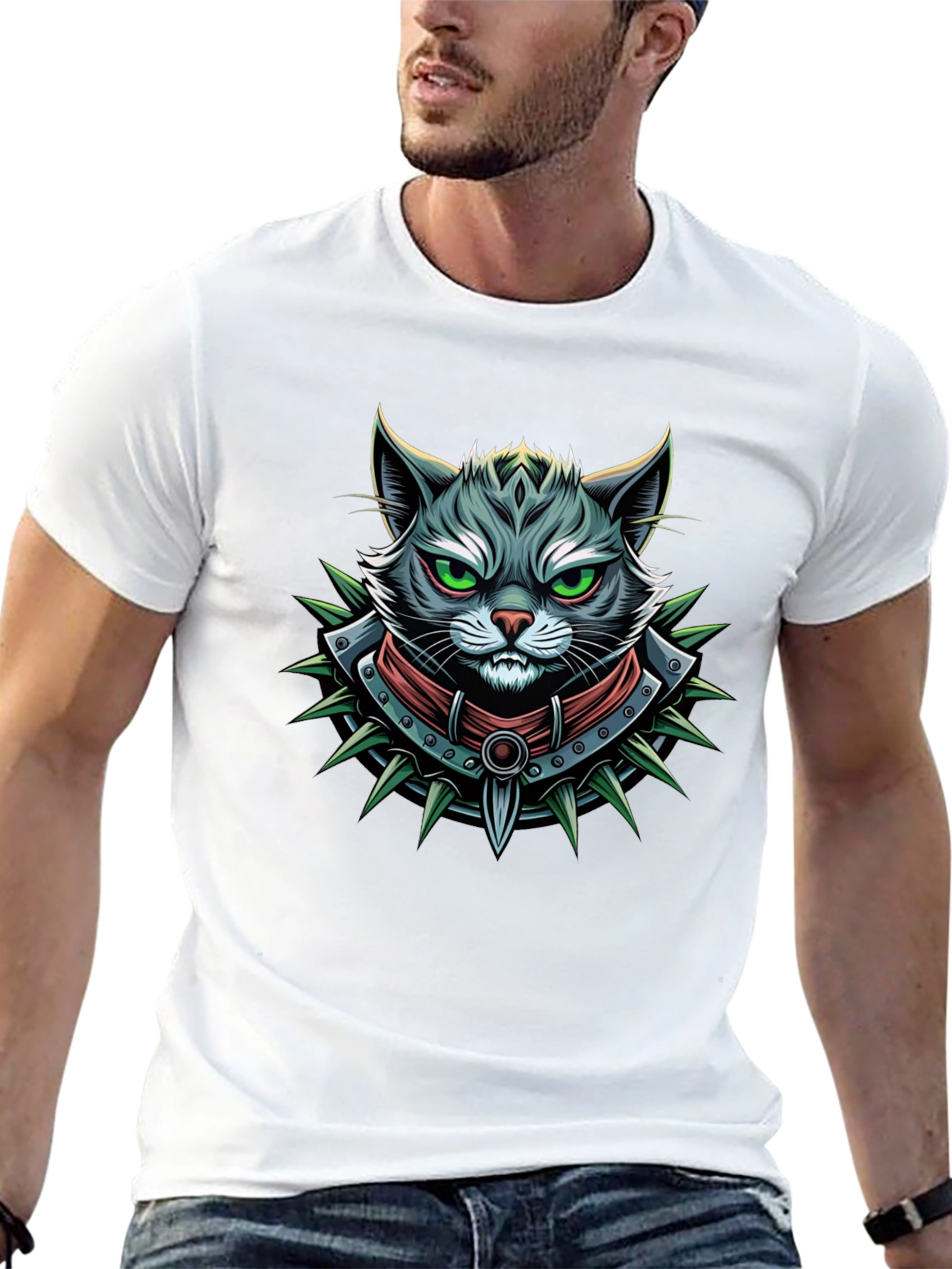 Edgy Cat Graphic Tee - Spiked Collar Design