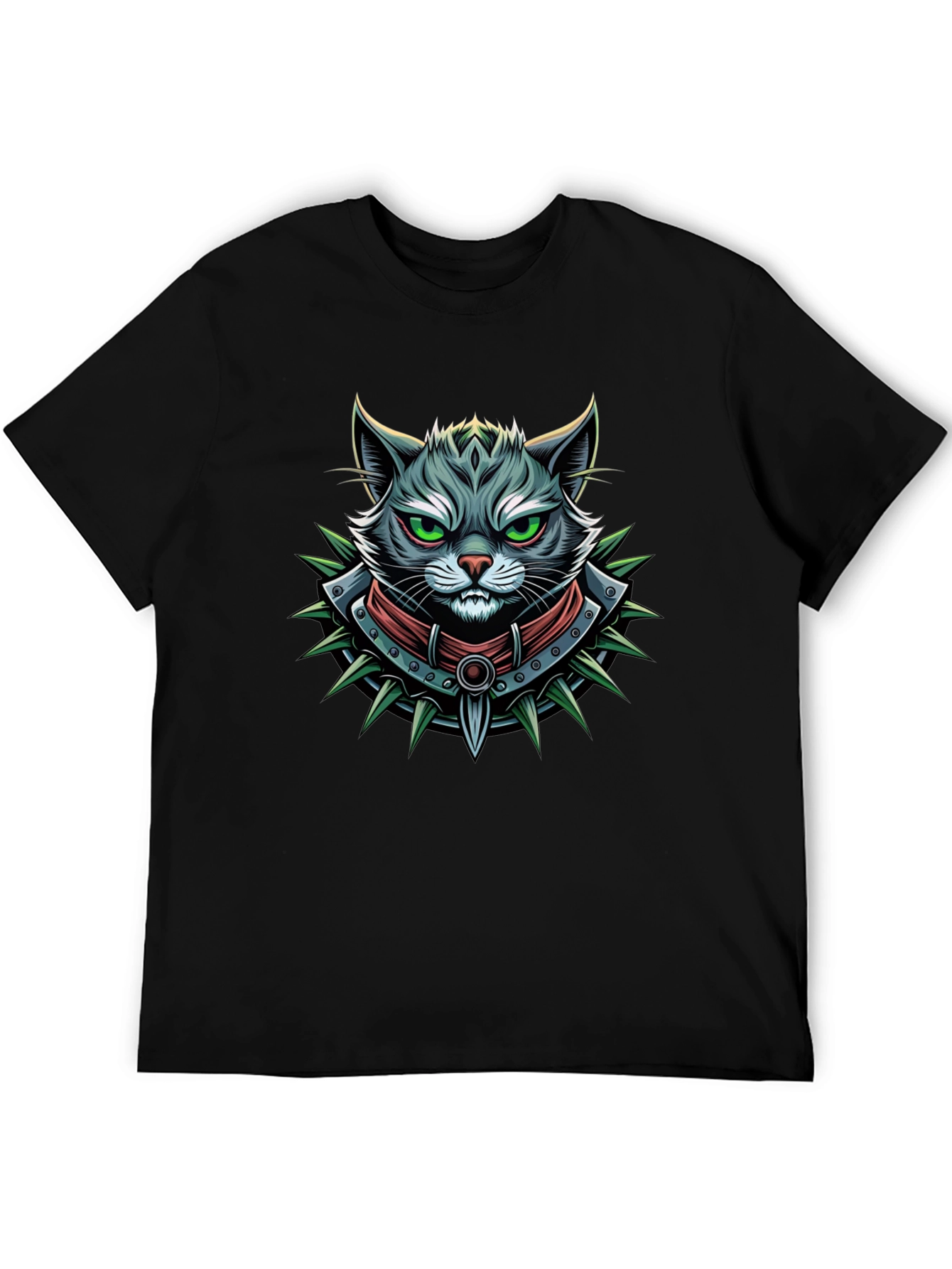Edgy Cat Graphic Tee - Spiked Collar Design