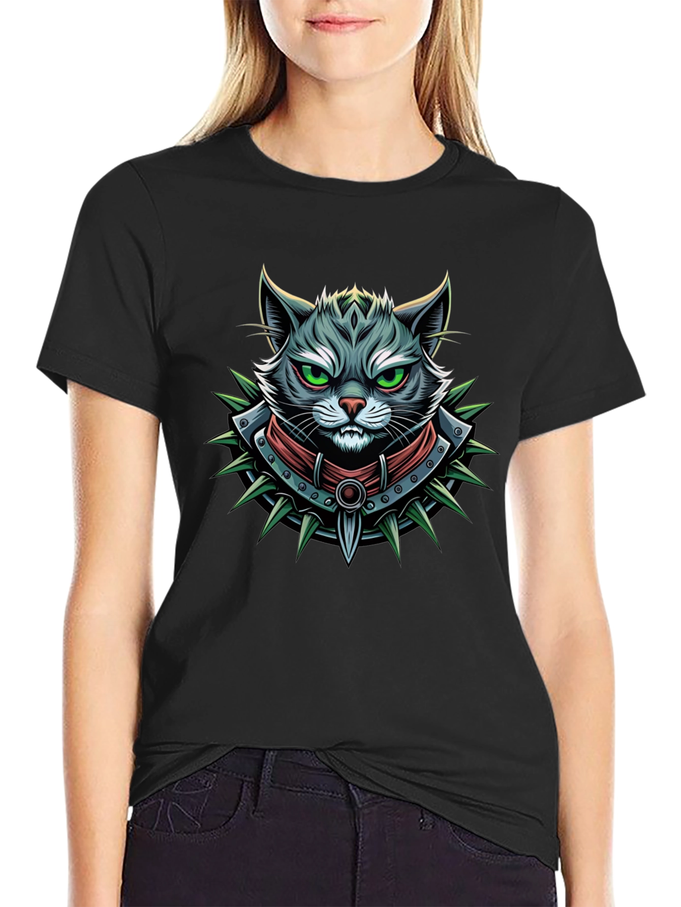 Edgy Cat Graphic Tee - Spiked Collar Design