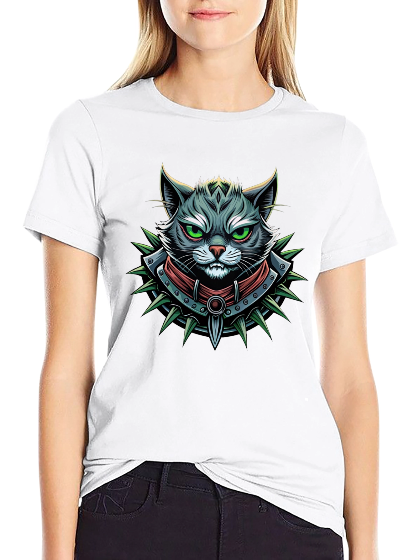 Edgy Cat Graphic Tee - Spiked Collar Design