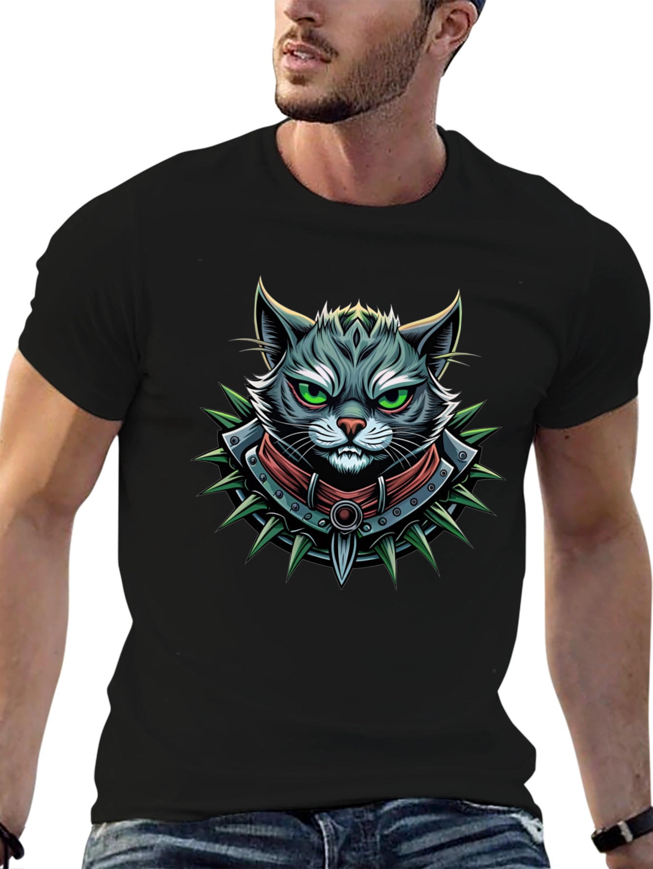 Edgy Cat Graphic Tee - Spiked Collar Design