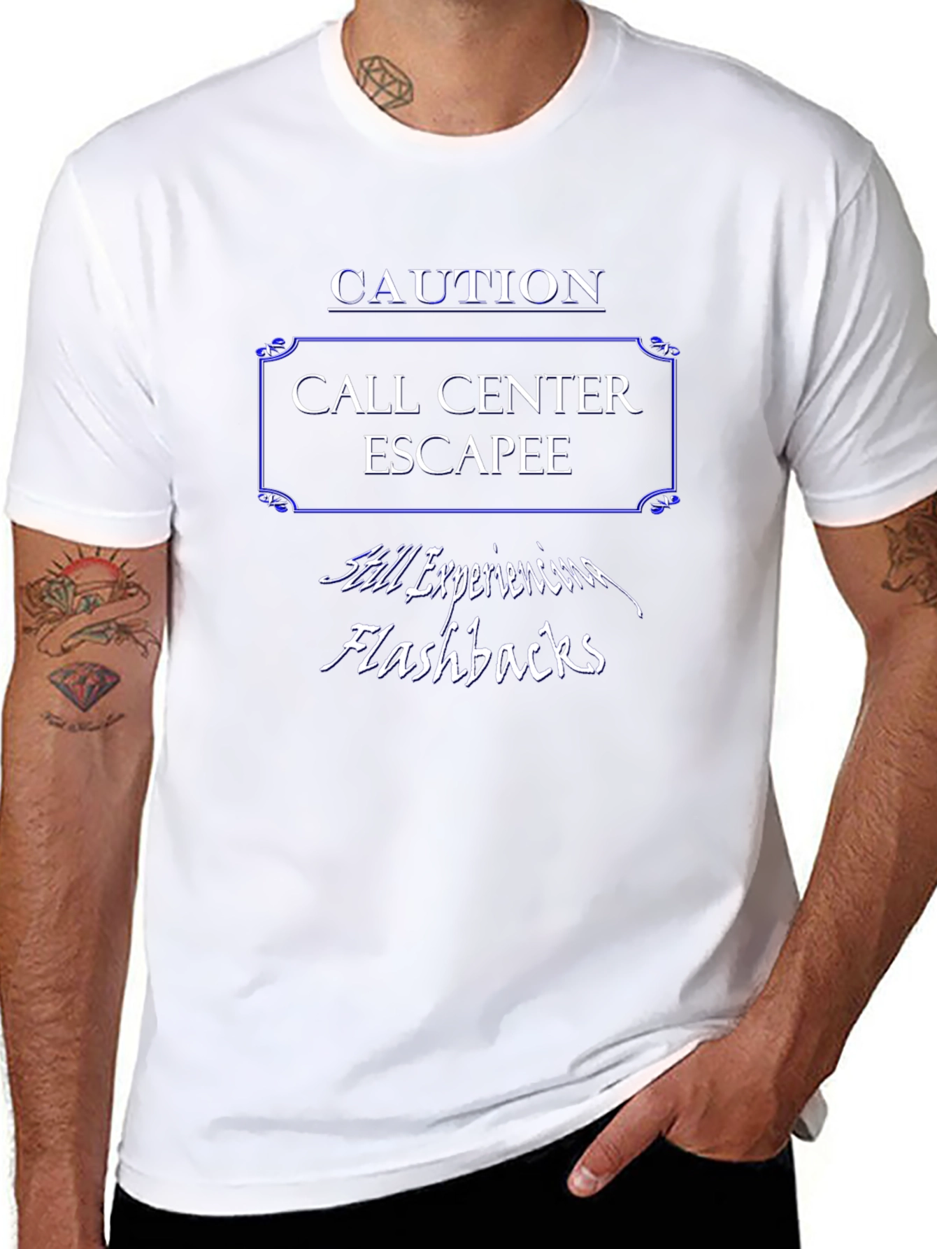 Caution Call Center Escapee T-Shirt - Still Experiencing Flashbacks