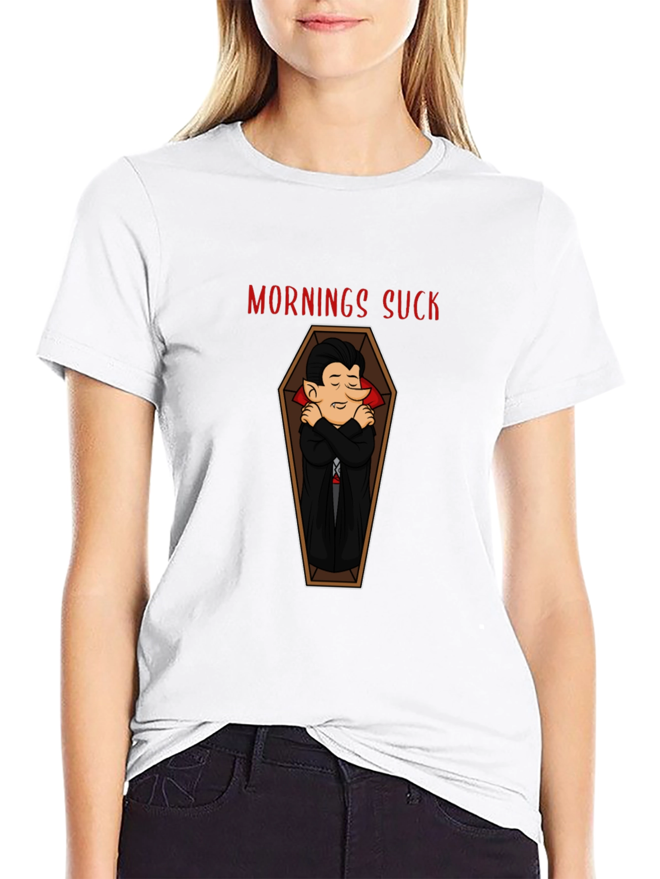 Mornings Suck Vampire Coffin Graphic Tee